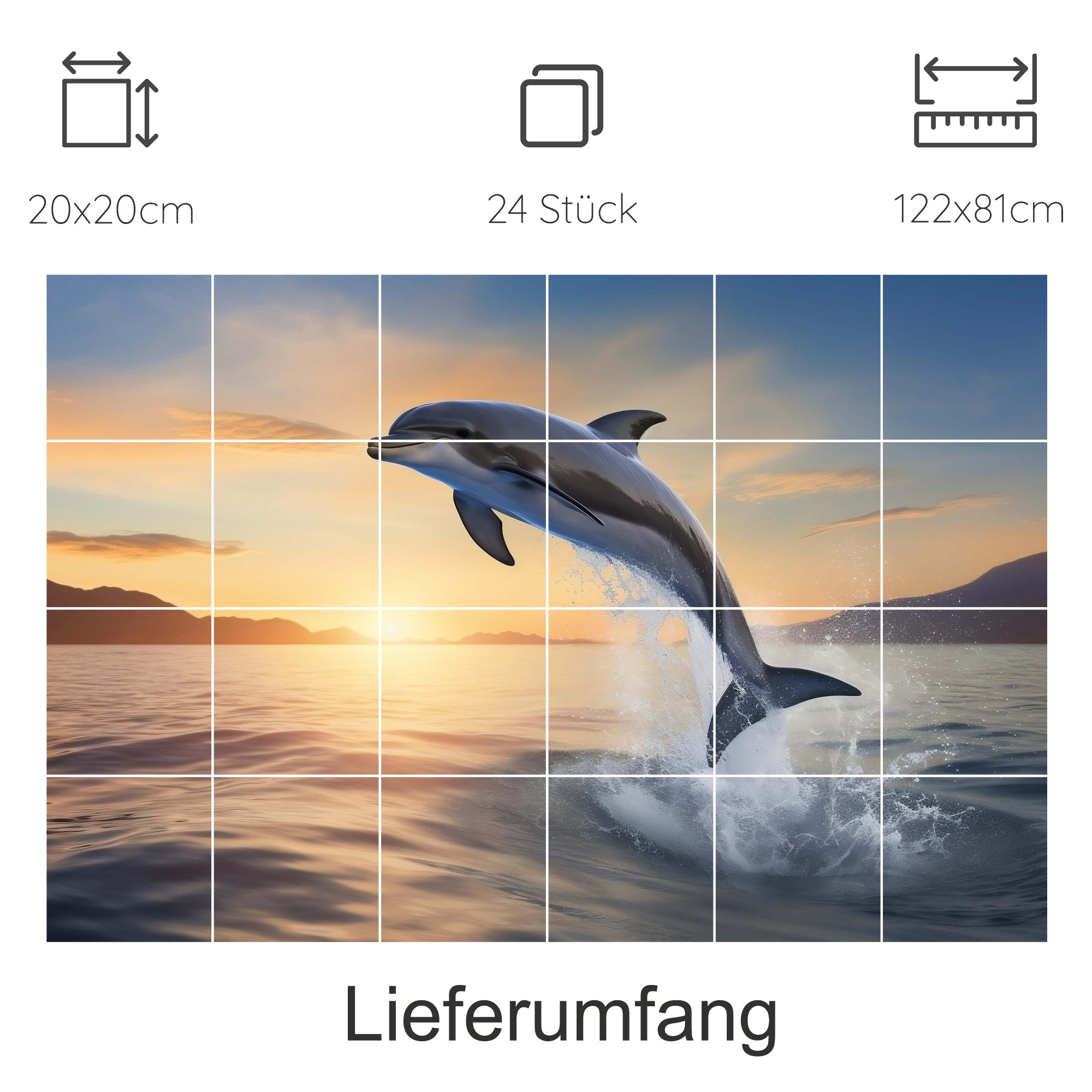 Springender Delfin vor Sonnenuntergang, 24-teiliges Wandbild.