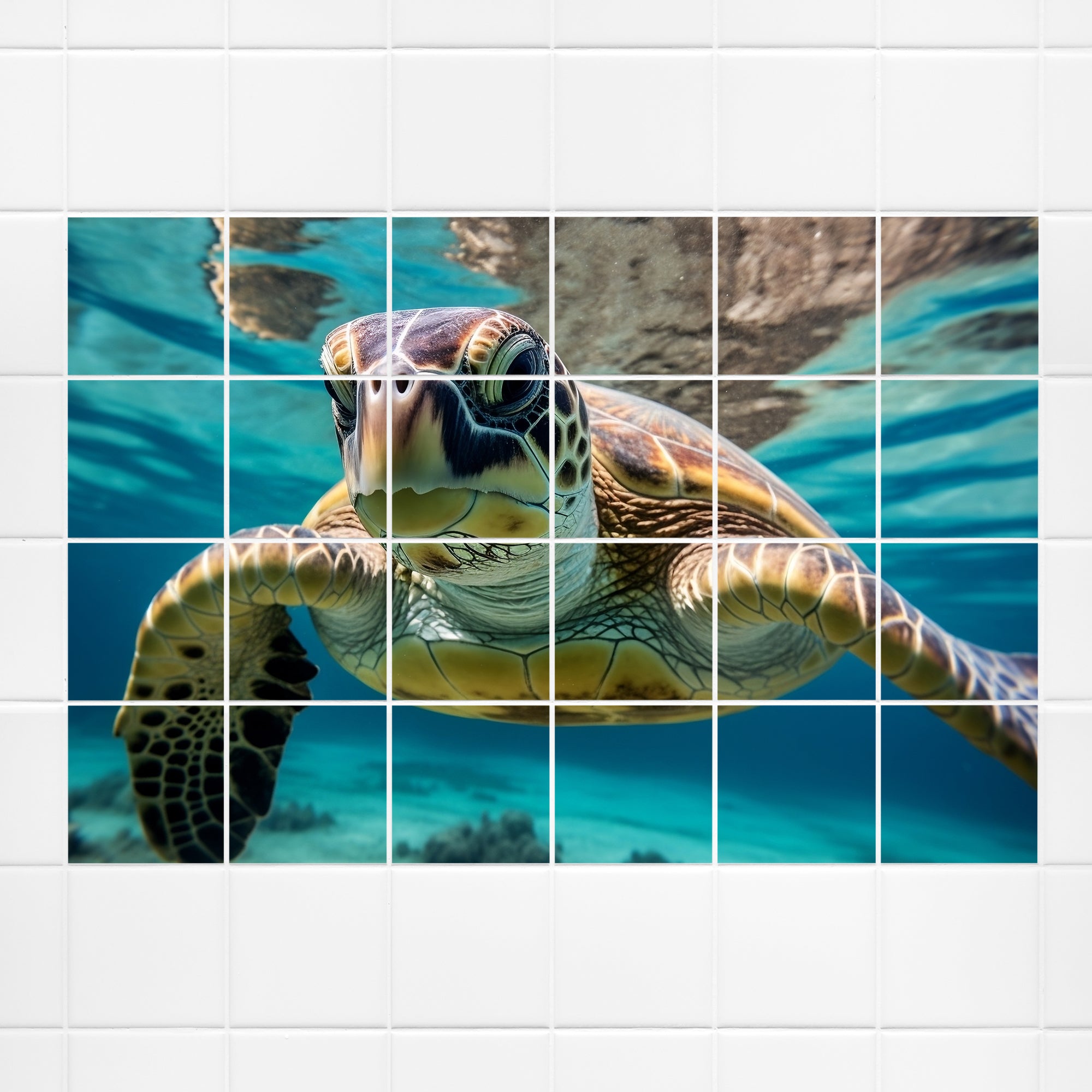 Schildkröte im Wasser, grün und braun, lebendige Farben.