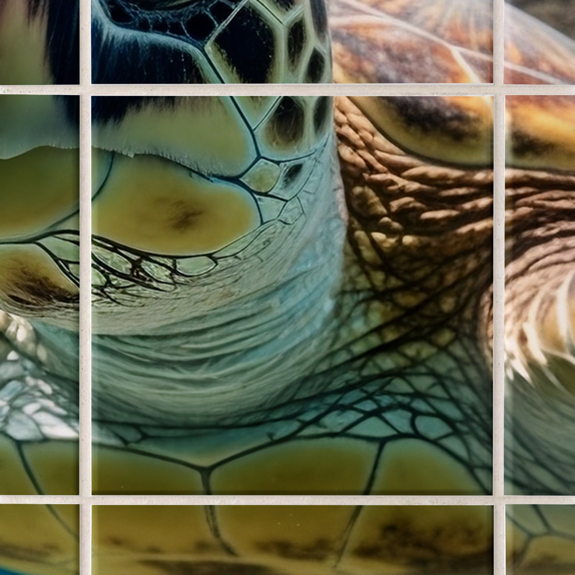 Grüne Meeresschildkröte, detaillierte Schuppenstruktur, aquatische Farben.