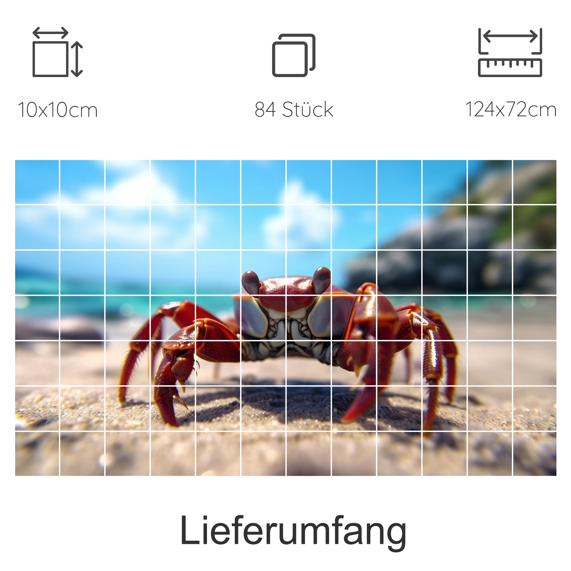 Roter Krebs am Strand, lebendige Farben, detailreiche Aufnahme.