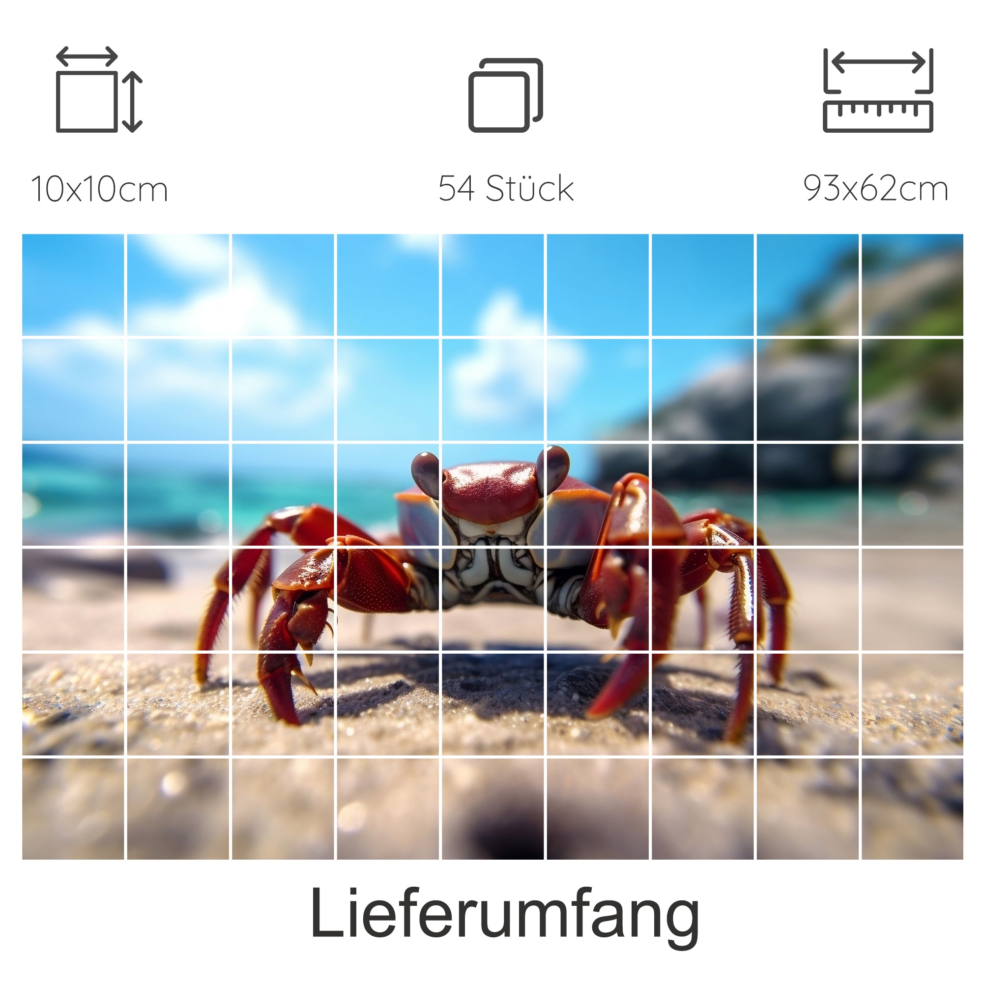 Roter Krebs am Strand, sonniger Hintergrund, klare Farben.