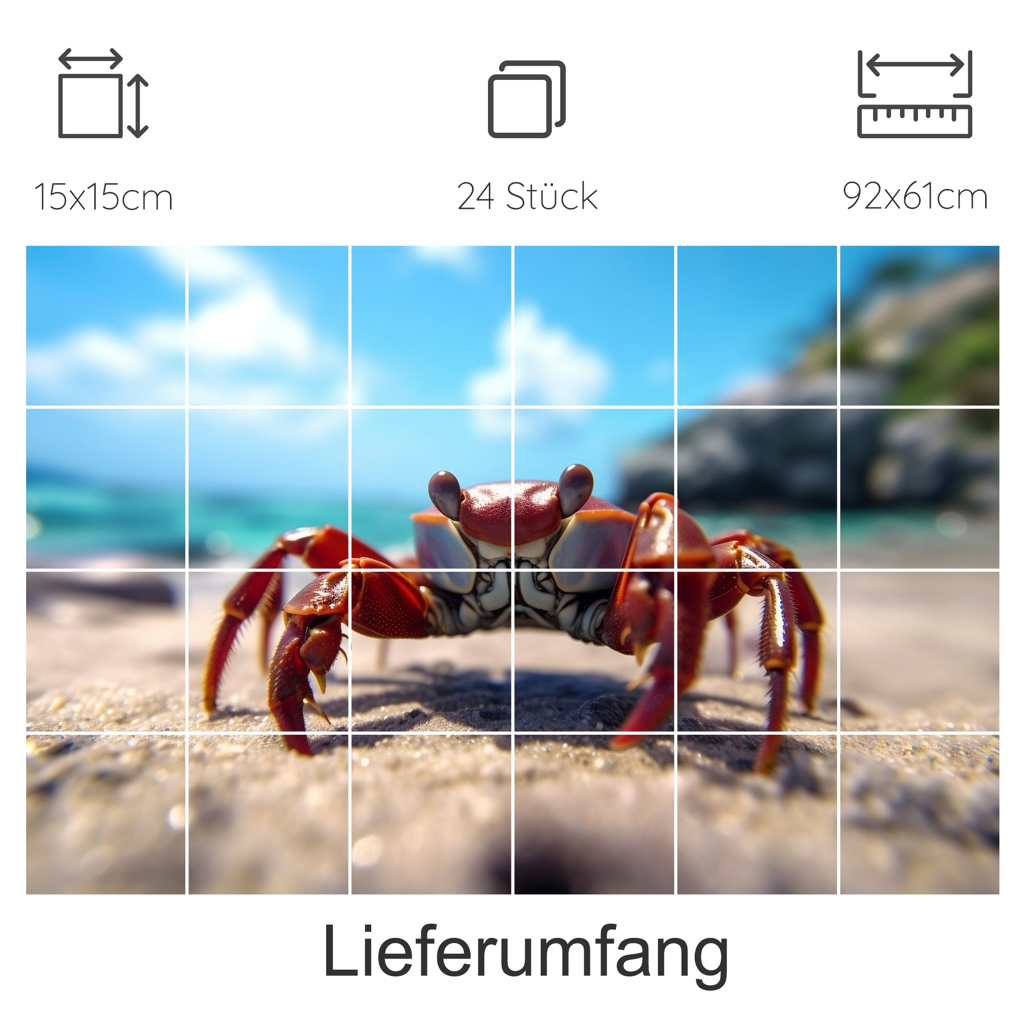 Roter Krebs am Strand mit verschwommenem Hintergrund.