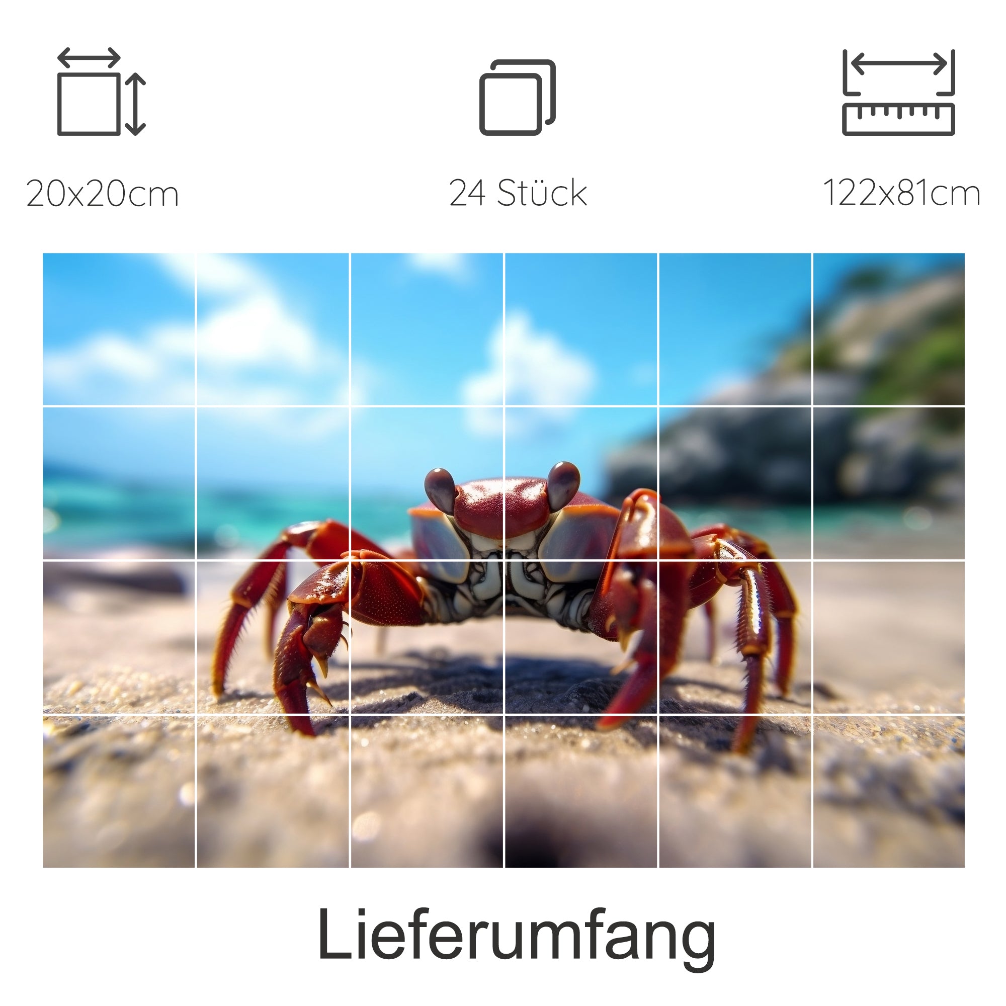 Roter Krebs am Strand mit blauem Himmel im Hintergrund.