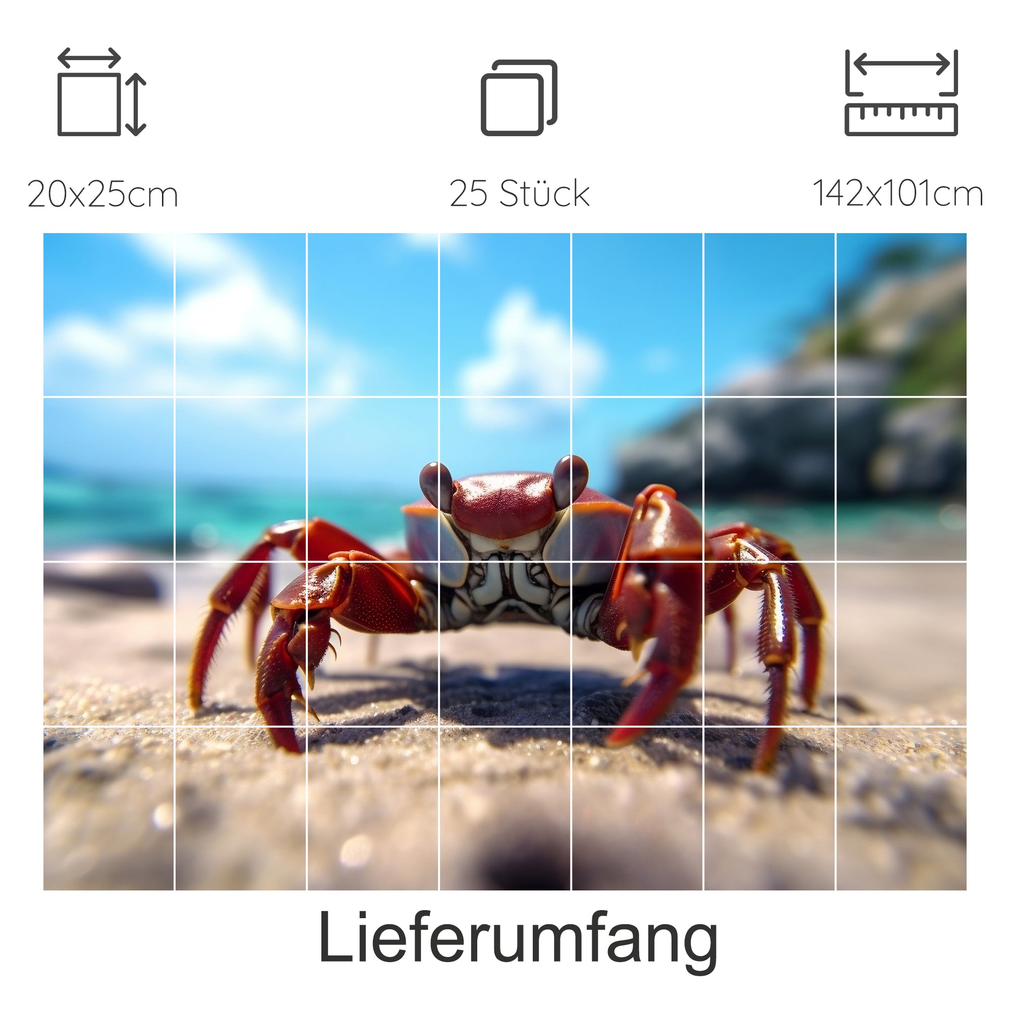 Roter Krebs am Strand vor blauem Wasser.