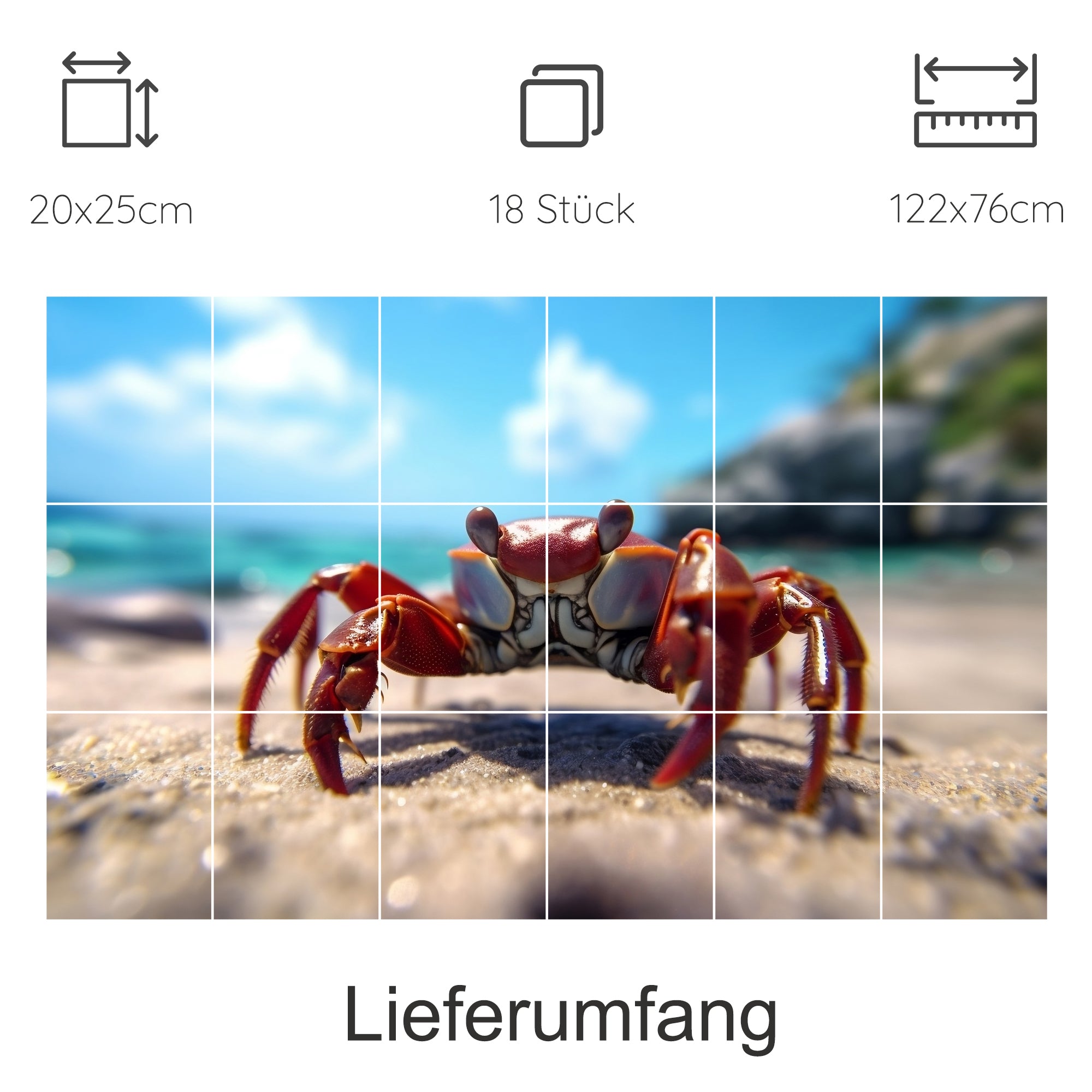 Roter Krebs am Strand mit blauem Wasser im Hintergrund.