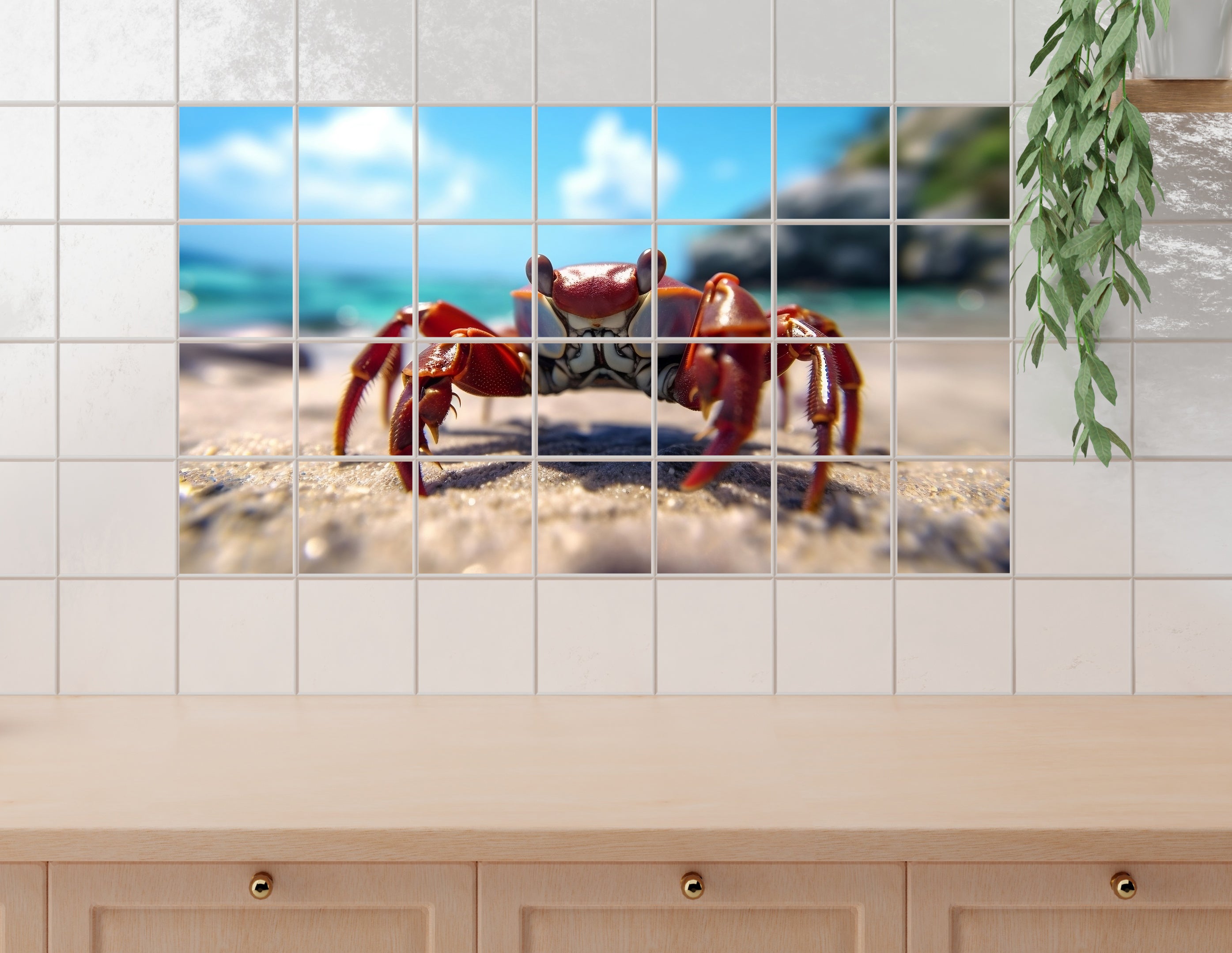 Roter Krebs am Strand mit blauem Wasser im Hintergrund.