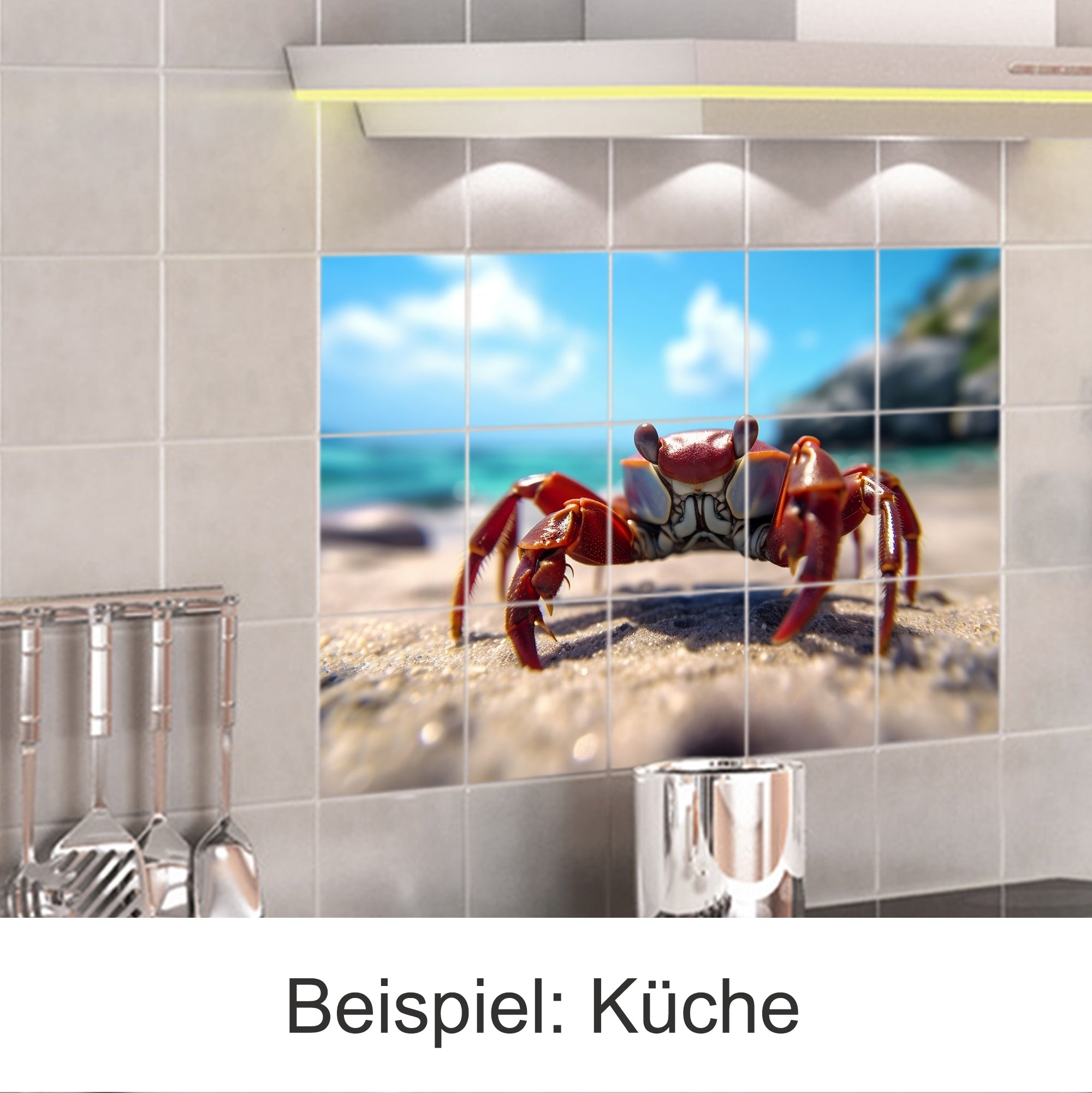Roter Krebs auf Fliesen mit Strand- und Wasserhintergrund.
