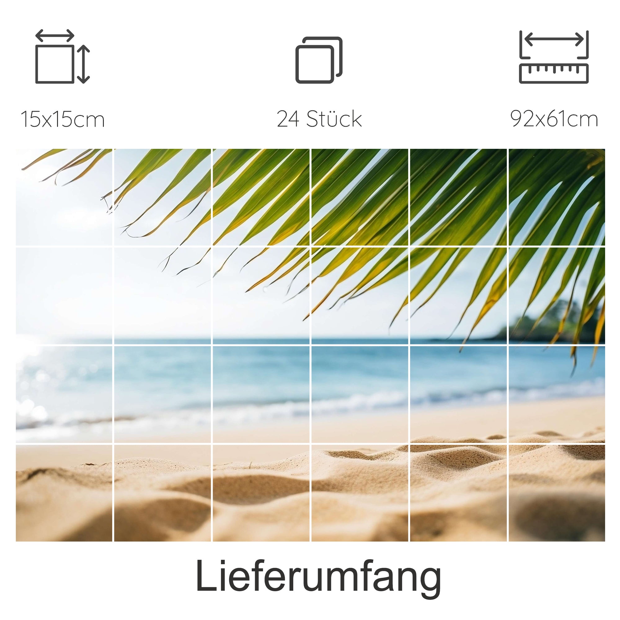 Tropisches Strandmotiv mit Palmenblättern, hellblau und beige.