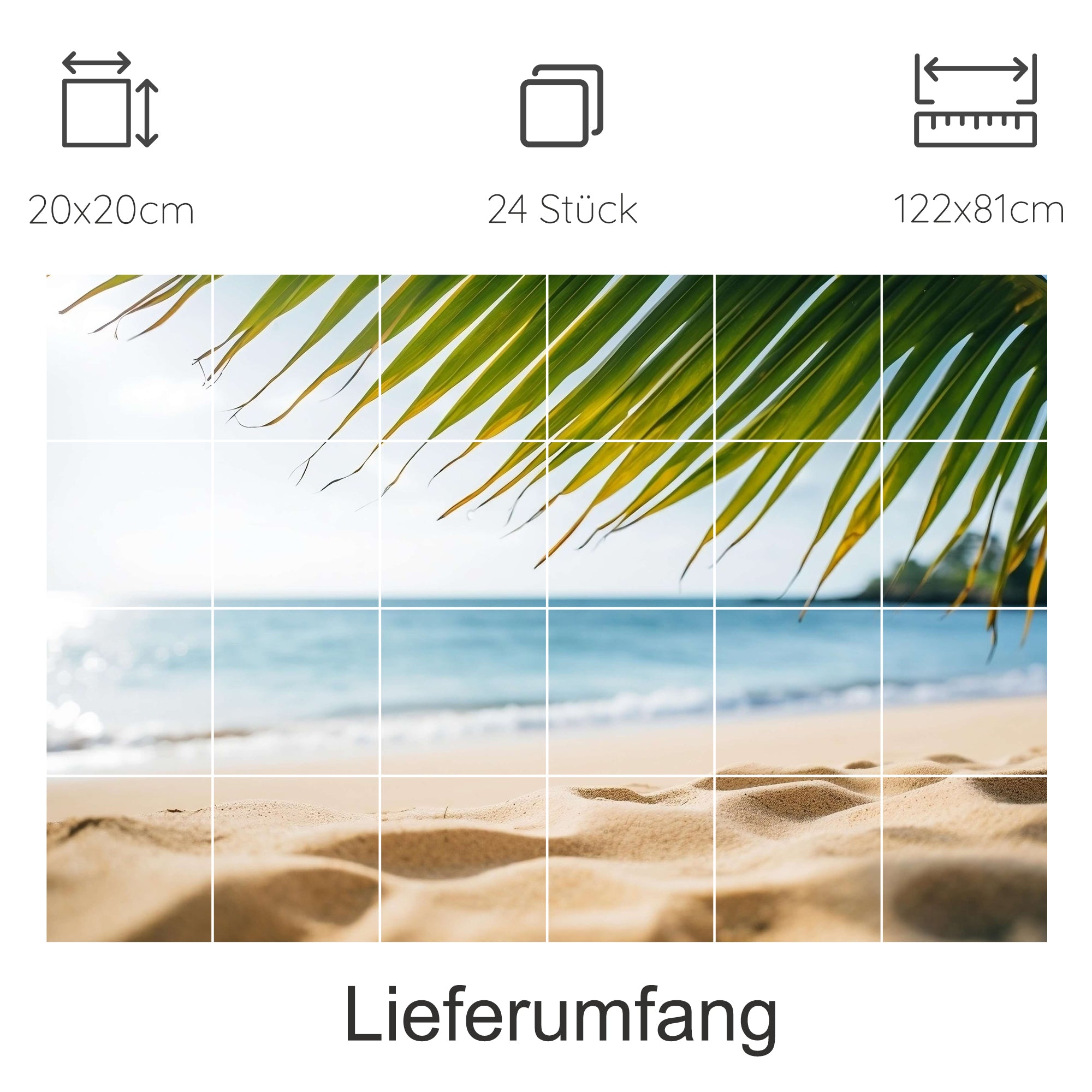 Tropisches Strandmotiv mit Palmenblättern und blauem Wasser.