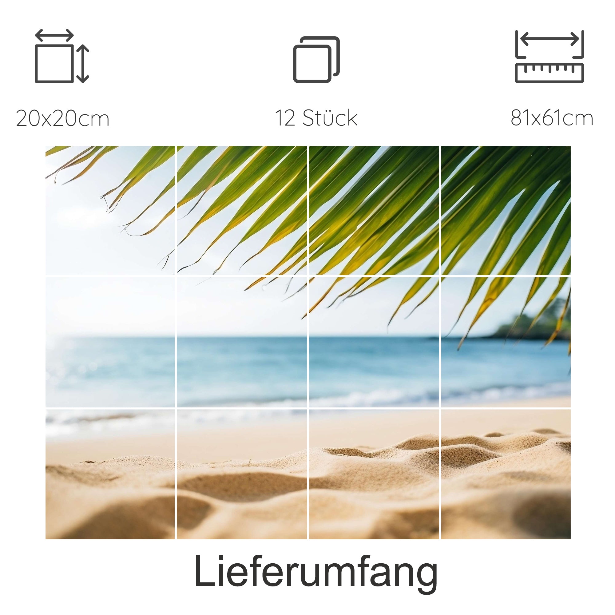 Strandmotiv mit Palmenblättern, sandiger Küste und Wasser.