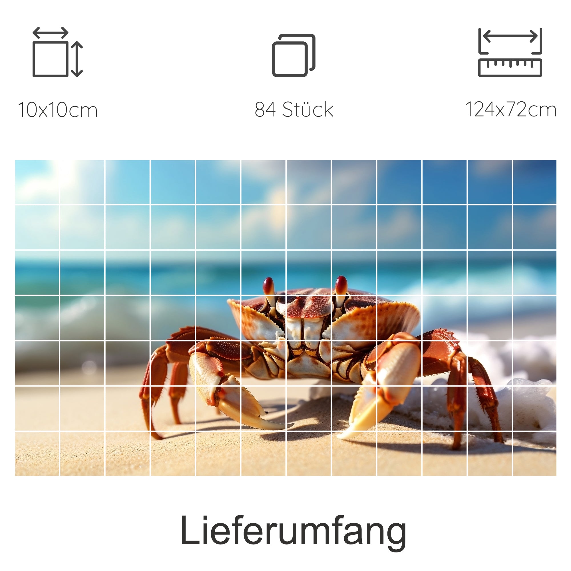 Roter Krebs am Strand mit blauem Himmel und Wasser.