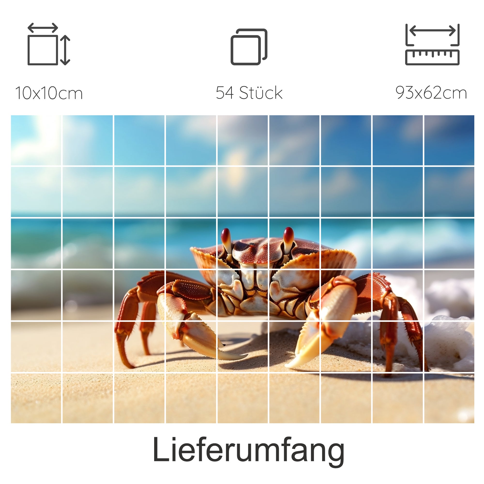 Krabbe am Strand, orange-rot, mit blauem Himmel.