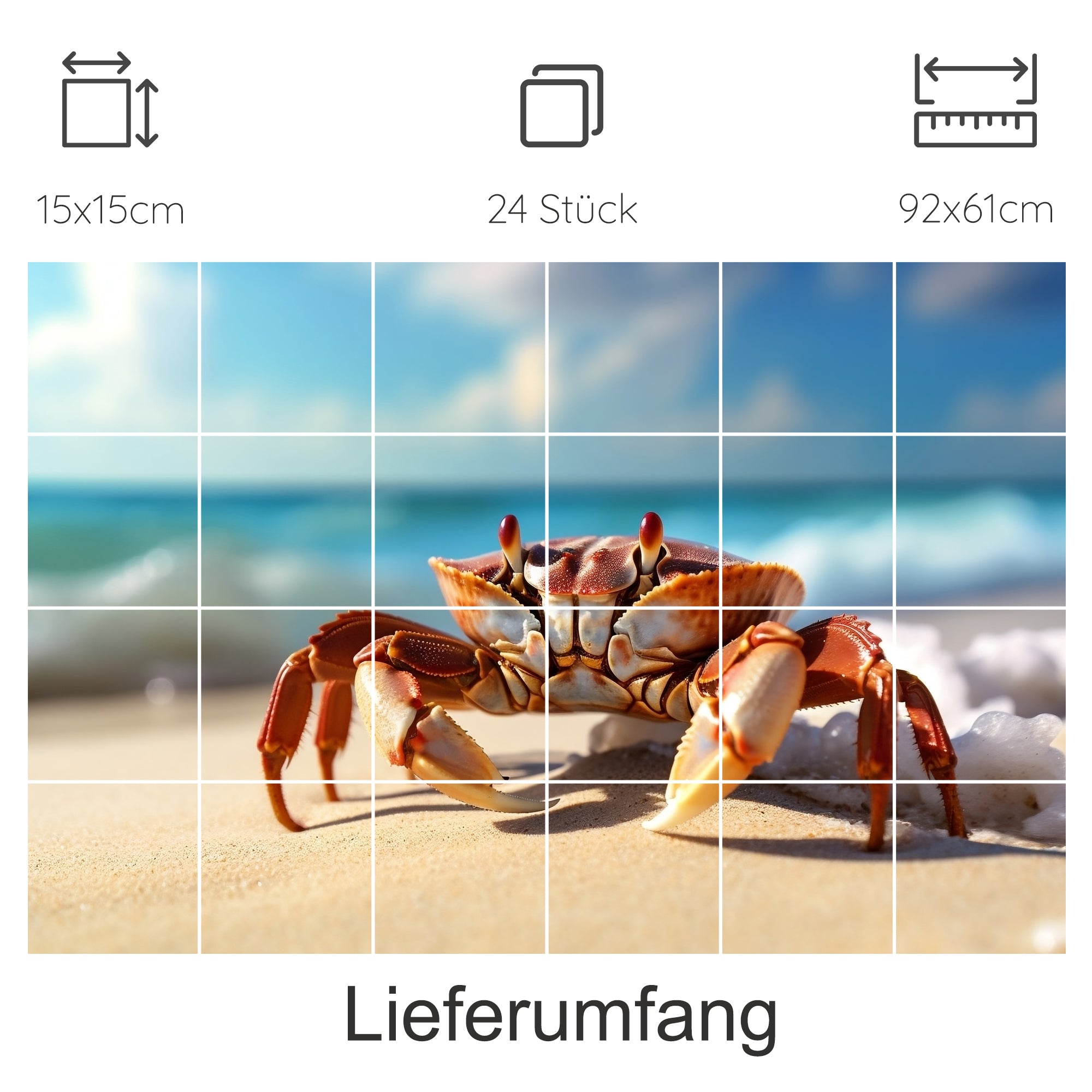 Krebs am Strand, orange-weiße Schale, blauer Himmel.