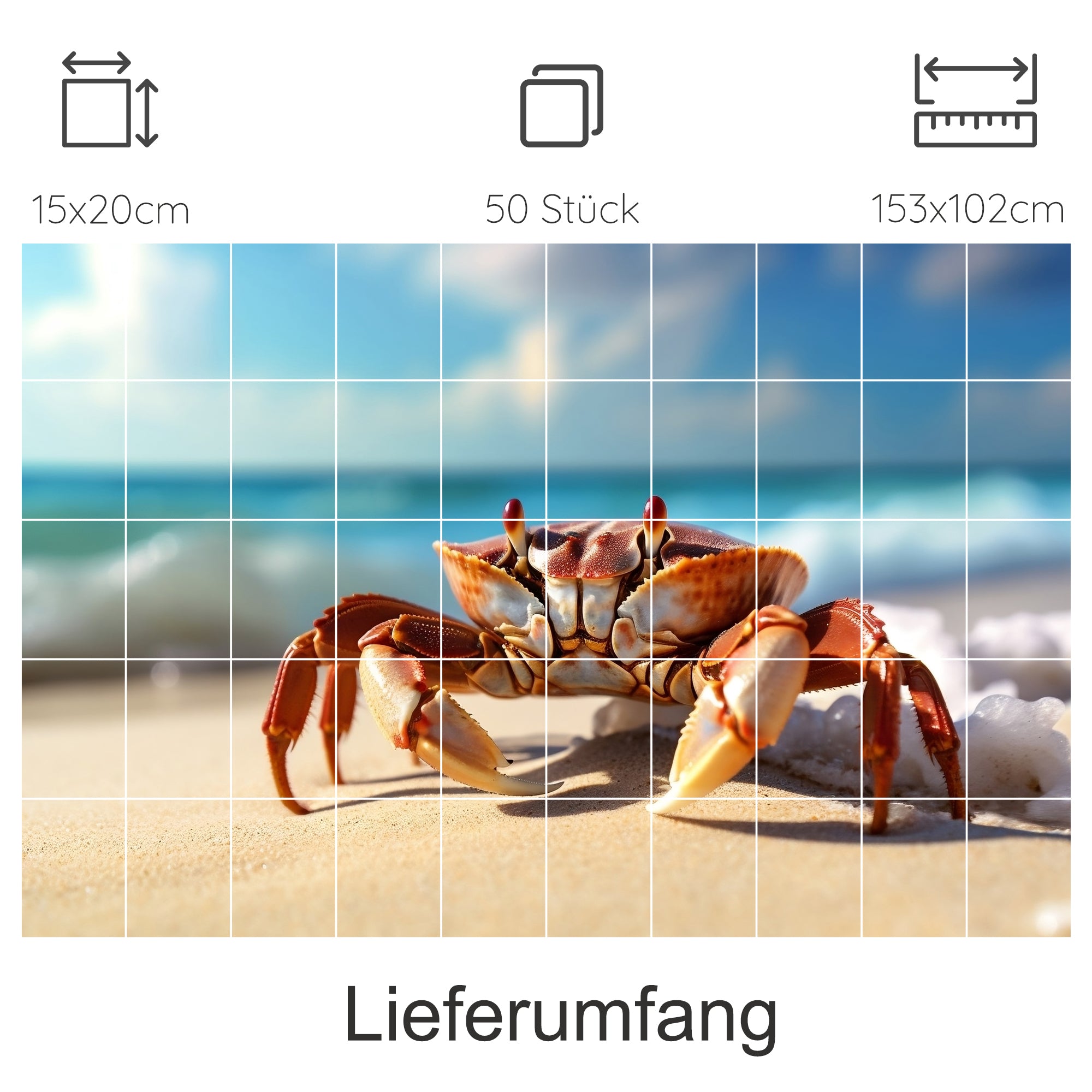 Roter Krebs am Strand, sonniger Himmel, klare Farben.