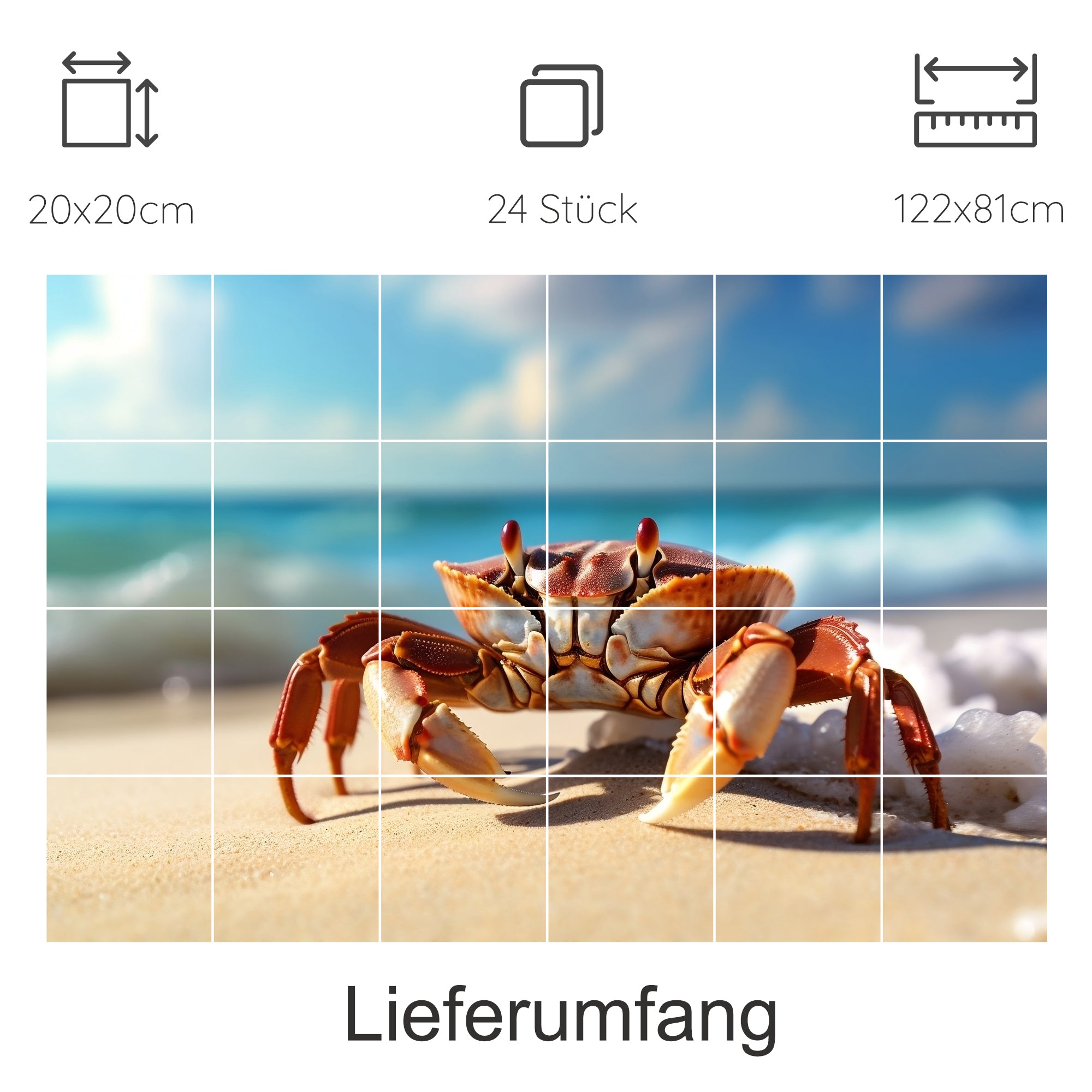 Roter Krebs am Strand mit blauem Himmel.