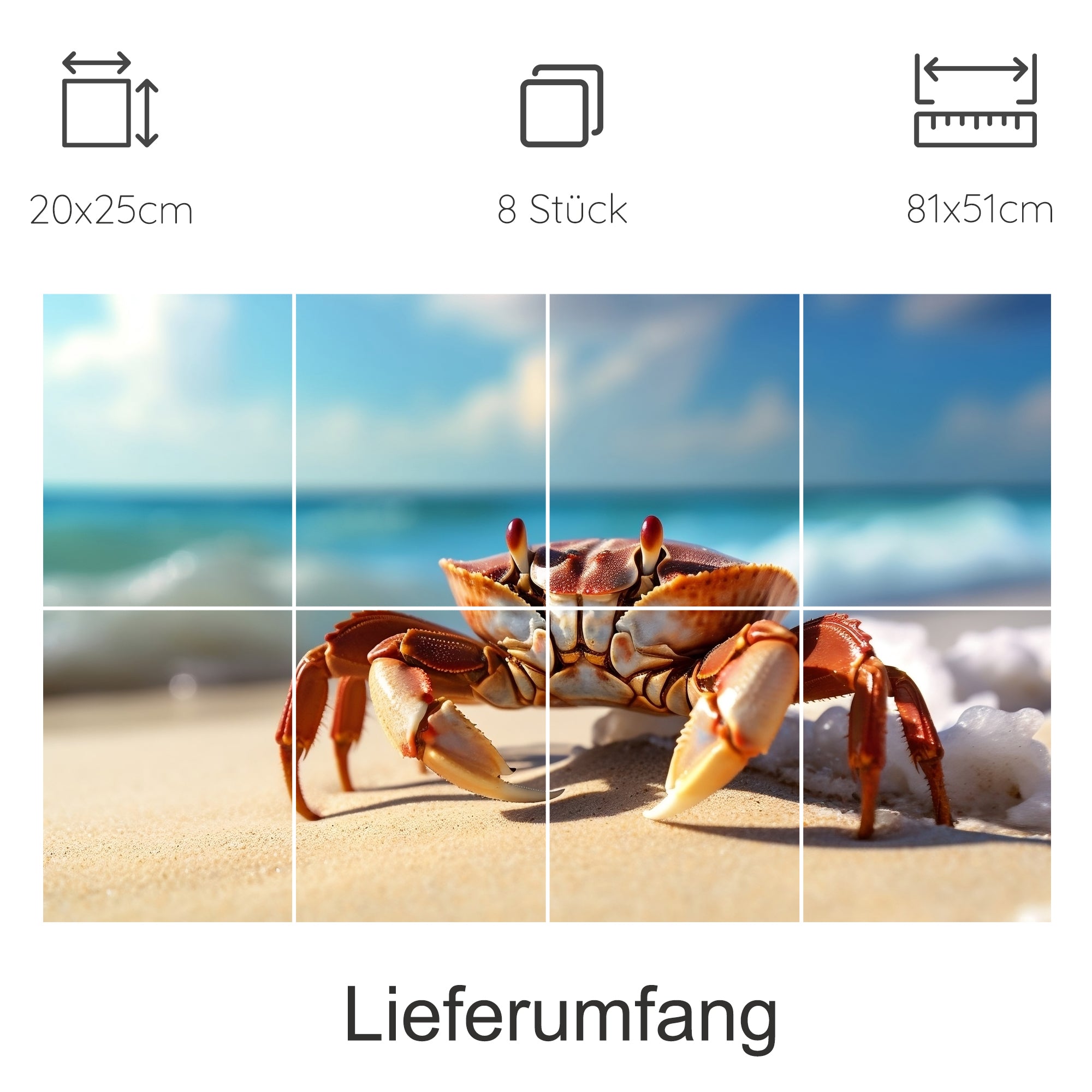 Krabbe am Strand, orange und braun, 8-teiliges Set.