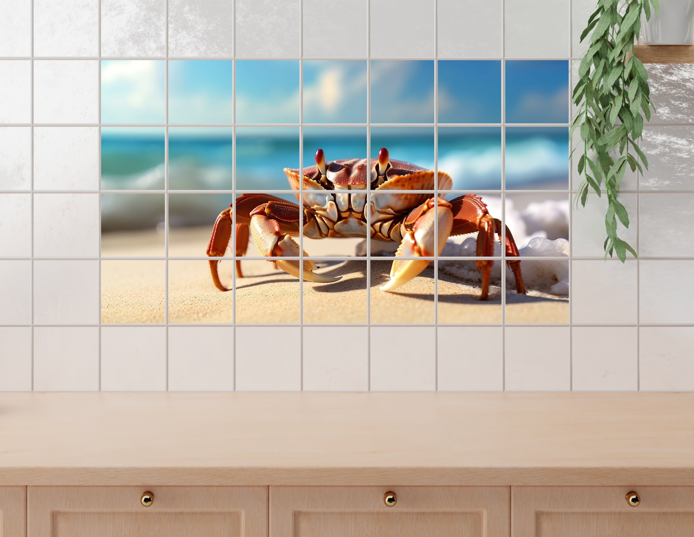 Roter Krebs am Strand mit sanften Wellen im Hintergrund.