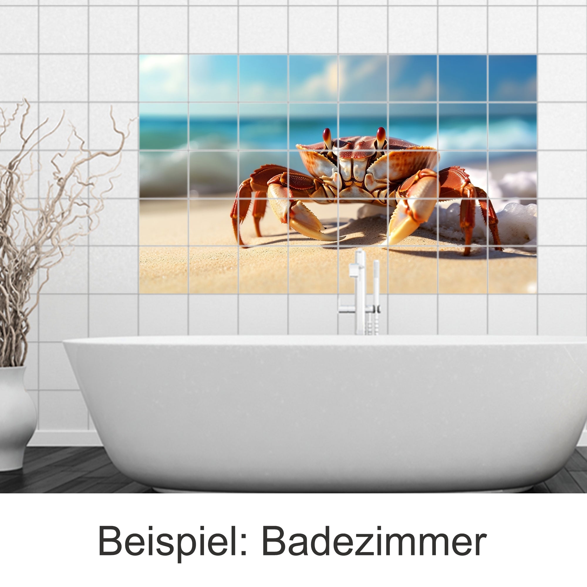 Krabbe auf Sandstrand, farbenfroh, Badezimmerfliesen-Dekor.