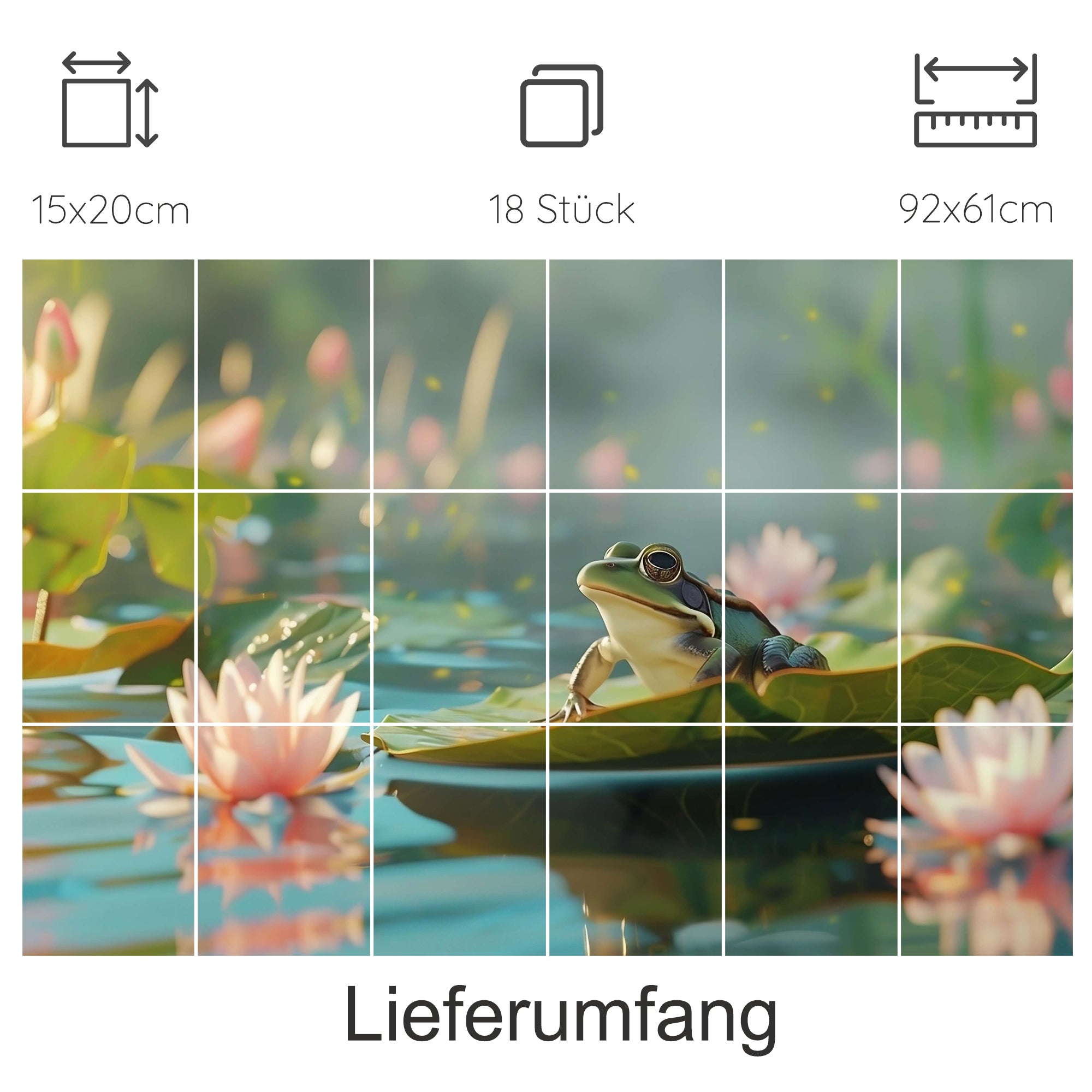 Frosch auf Seerose im Wasser, sanfte Farben, 18 Teile.