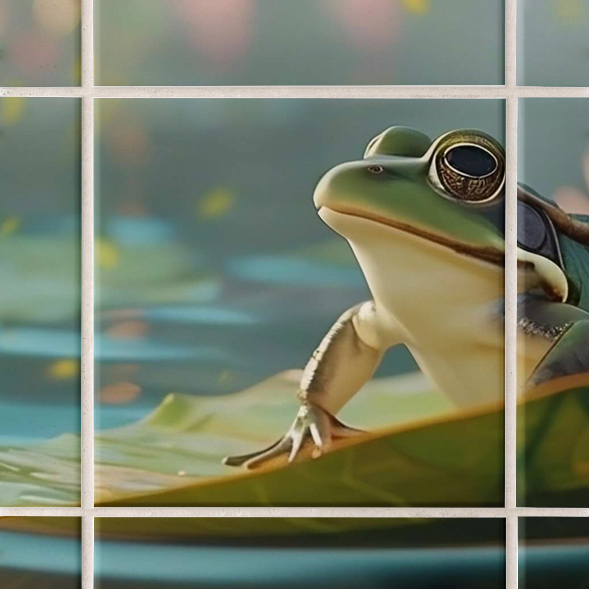 Grüne Froschfigur mit Sonnenbrille auf Seerose.