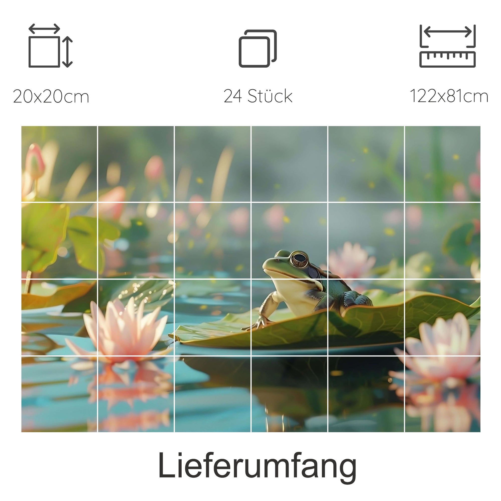 Frosch auf Seerose in ruhigem Wasser, grün und rosa.