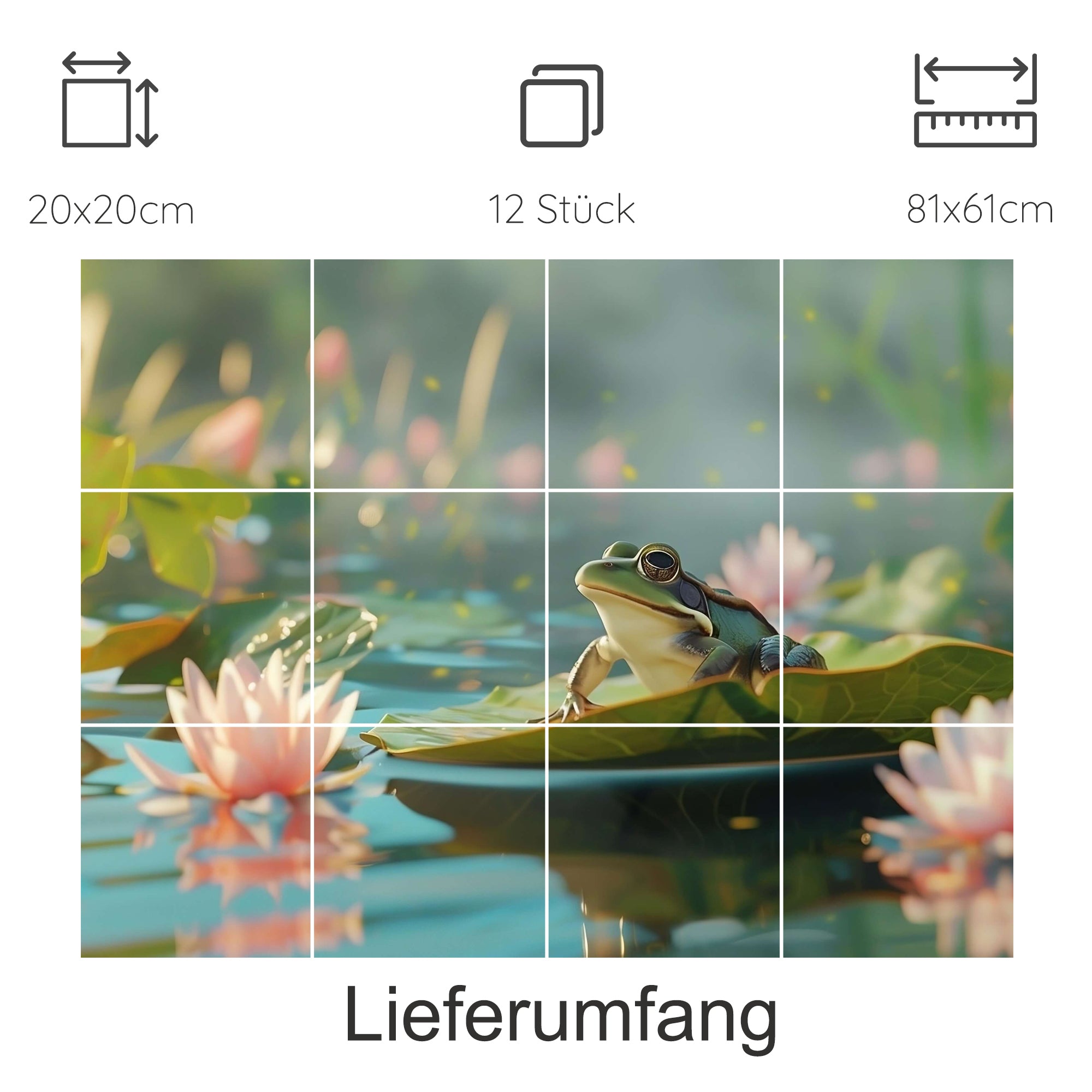 Frosch auf Seerose in ruhigem Gewässer, pastellfarbene Blumen.