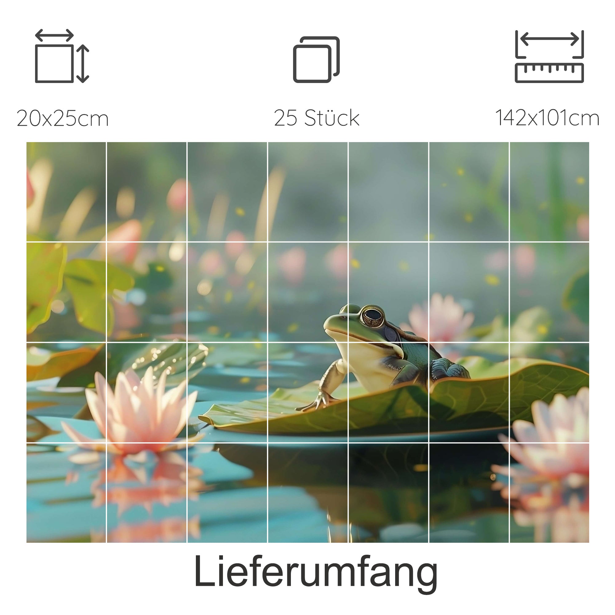 Frosch auf Seerosenblättern, sanfte Farben, idyllische Wasserlandschaft.