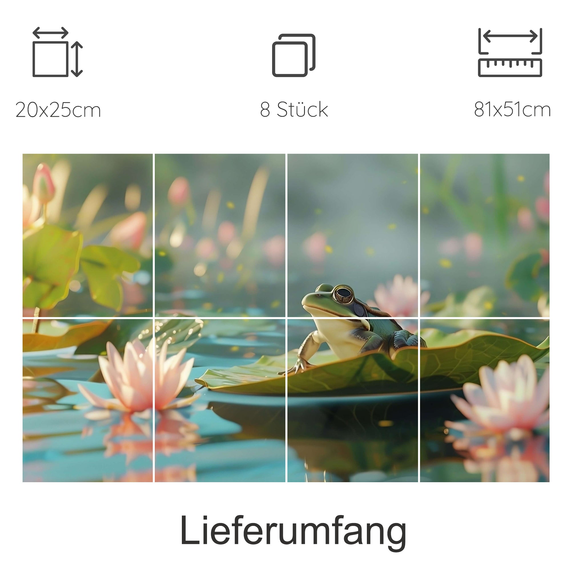 Frosch auf Seerose, grün und rosa, 8-teiliges Wandbild.