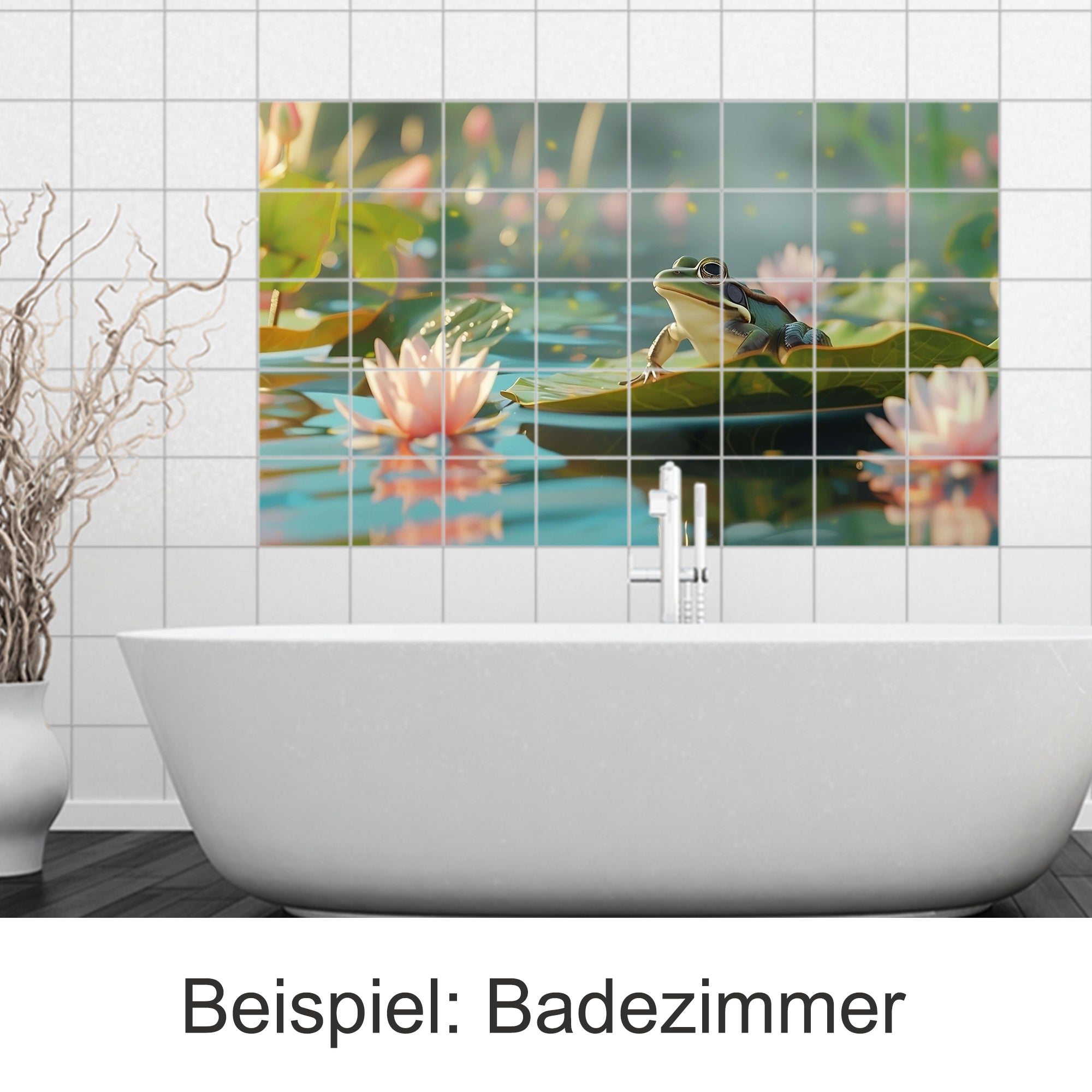Grüner Frosch auf Seerose, sanfte Farben, Badezimmerdekoration.