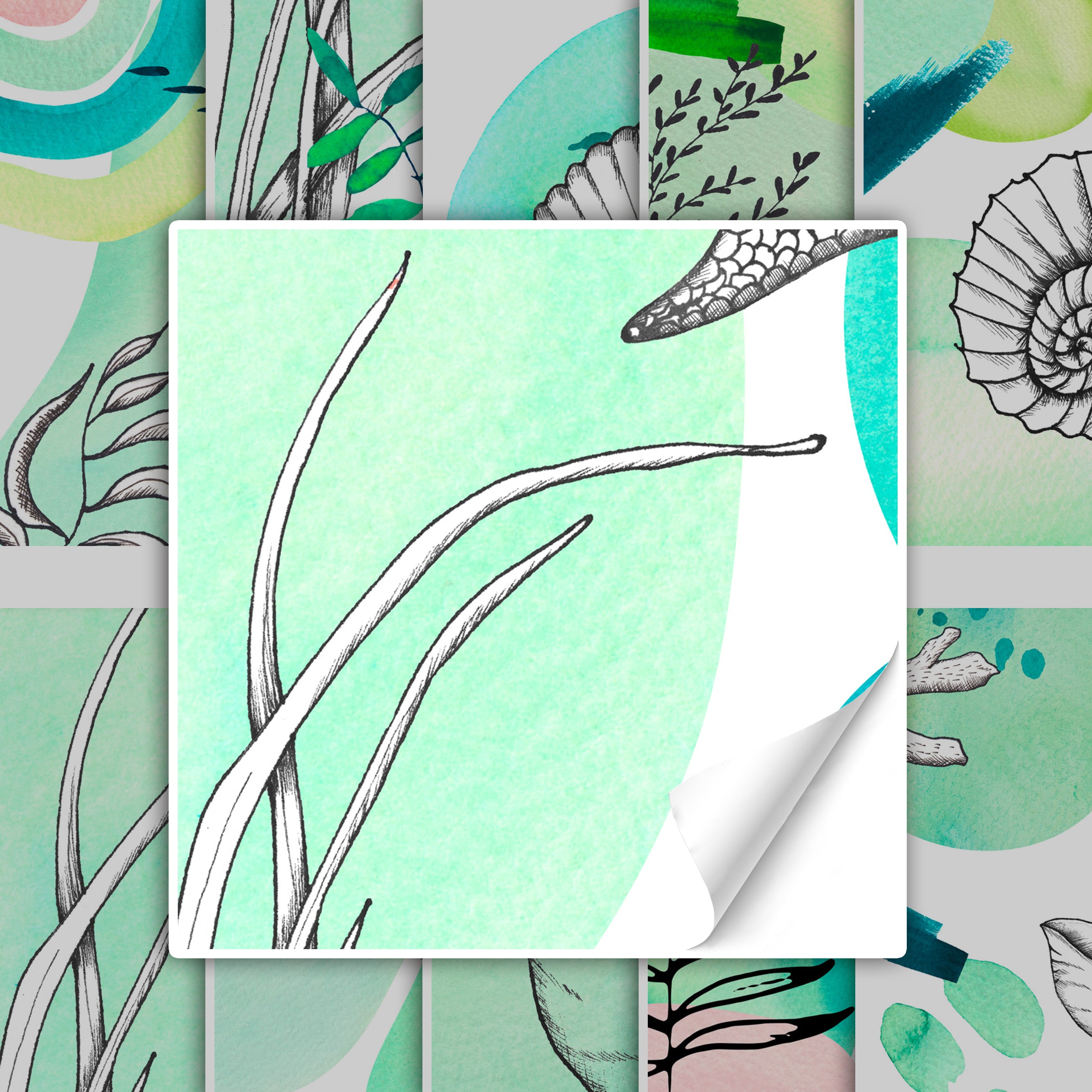 Grüne Wasserpflanzenillustration mit feinen schwarzen Linien.