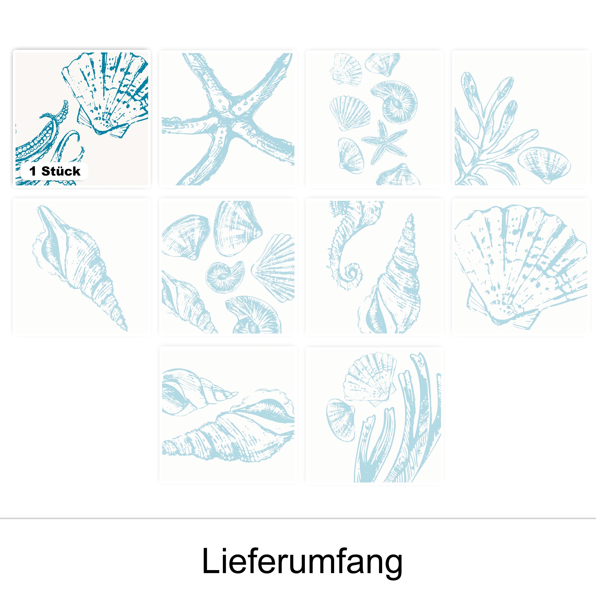 Blaue Muschel-Illustrationen auf weißem Hintergrund, 1 Stück.