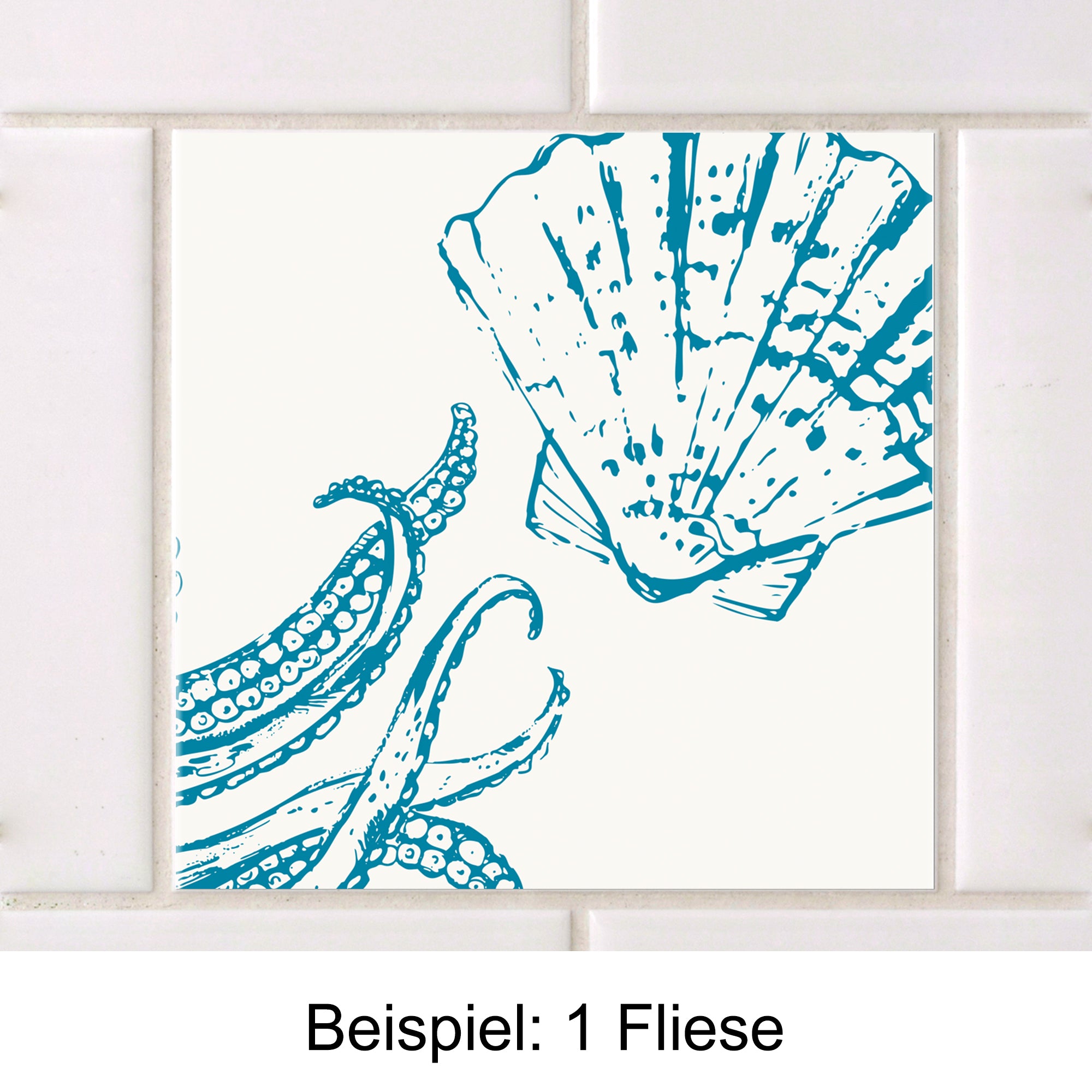 Fliese mit blauem Tintenfisch und Muschel-Motiv.