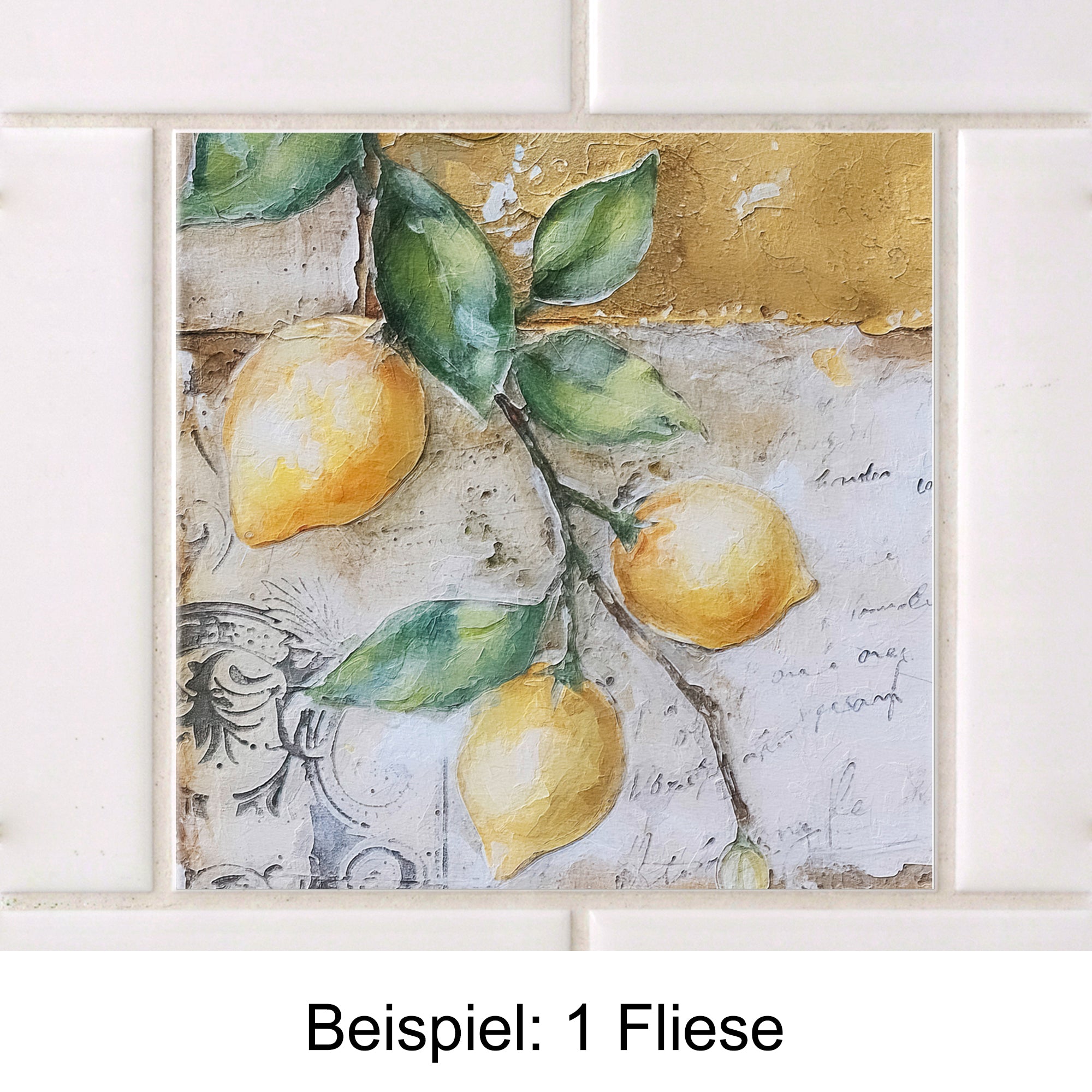 Gelbe Zitronen auf dekorativer Fliese mit grünem Blattwerk.