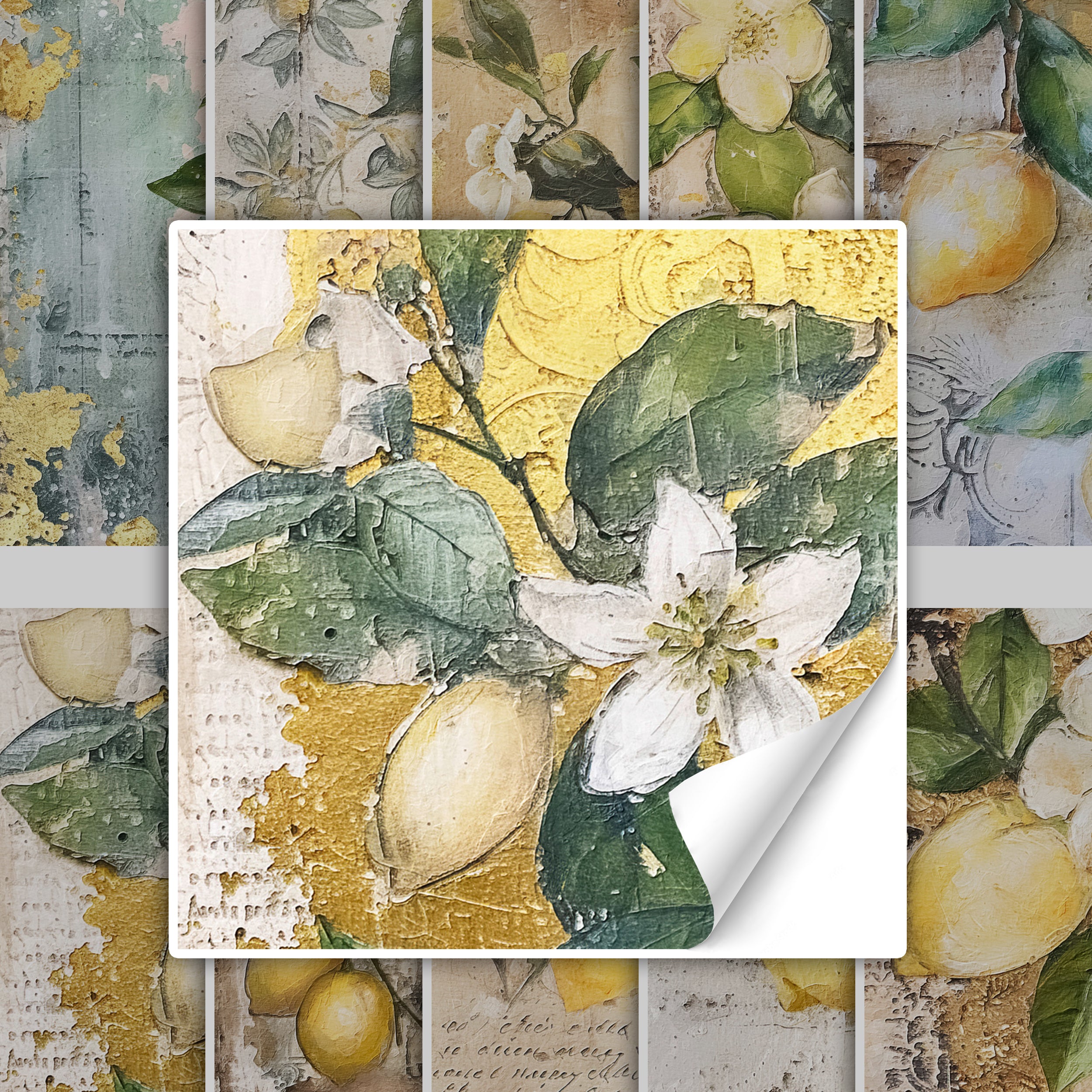 Zitronenblüte und Früchte auf goldenem Hintergrund.