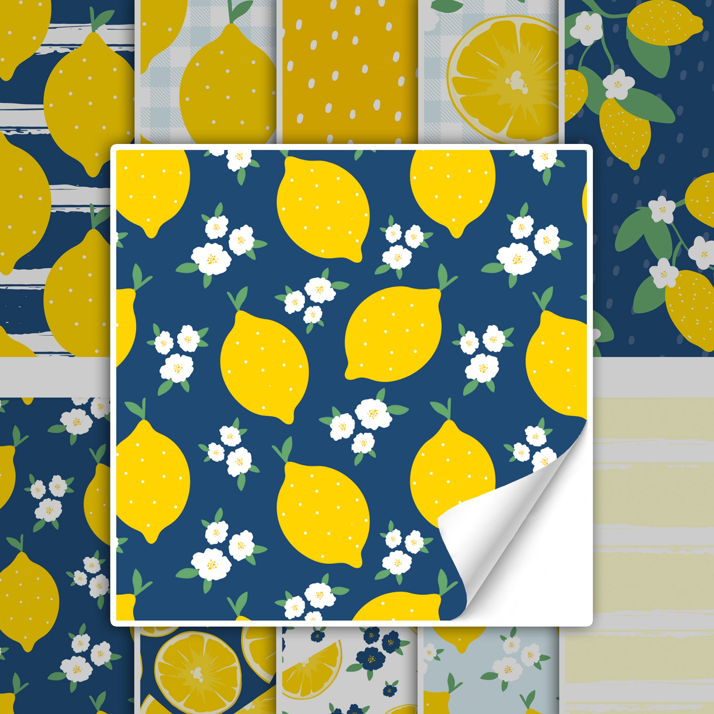 Gelbe Zitronen mit weißen Blüten auf navyblauem Hintergrund.