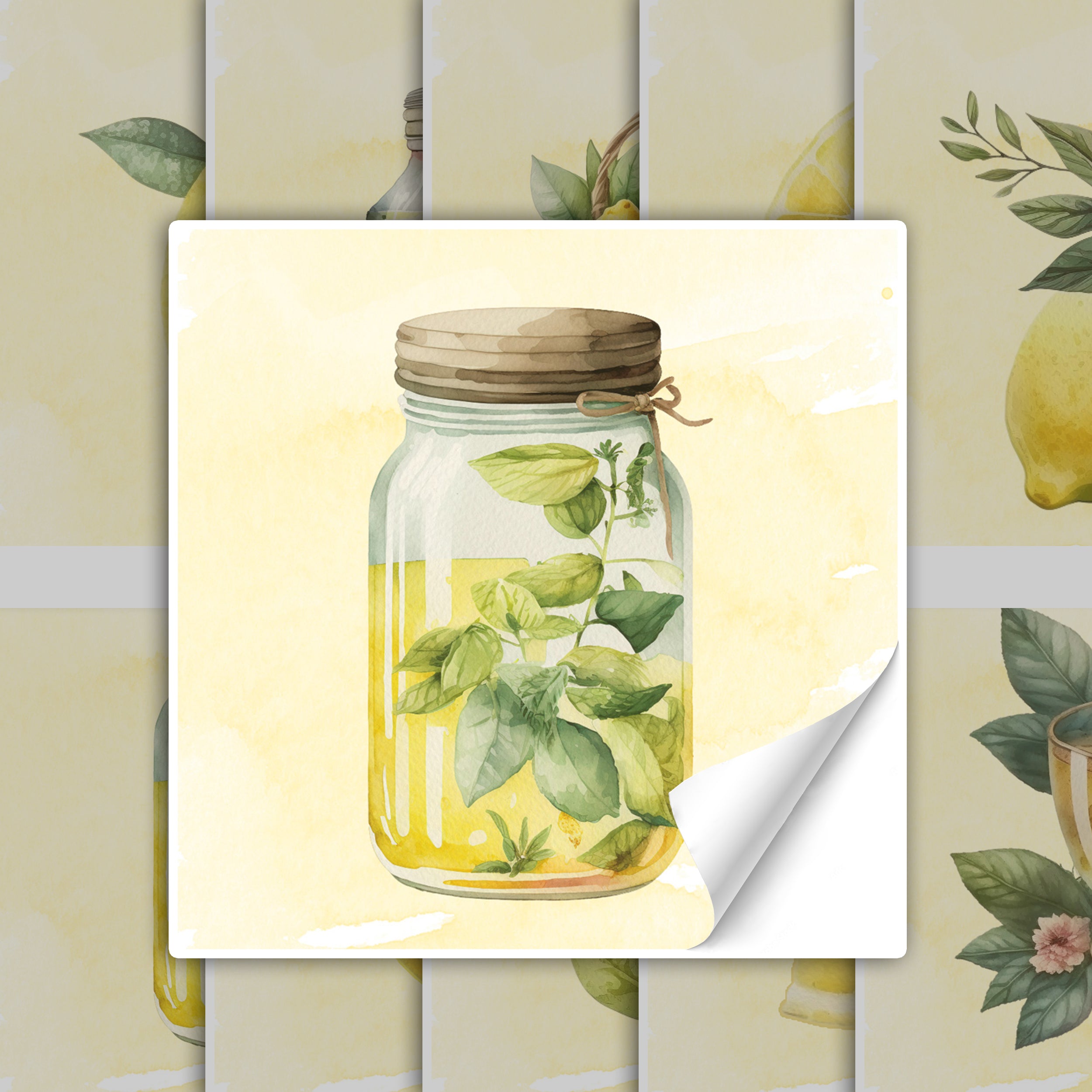 Glasgefäß mit frischen Kräutern und gelber Flüssigkeit.