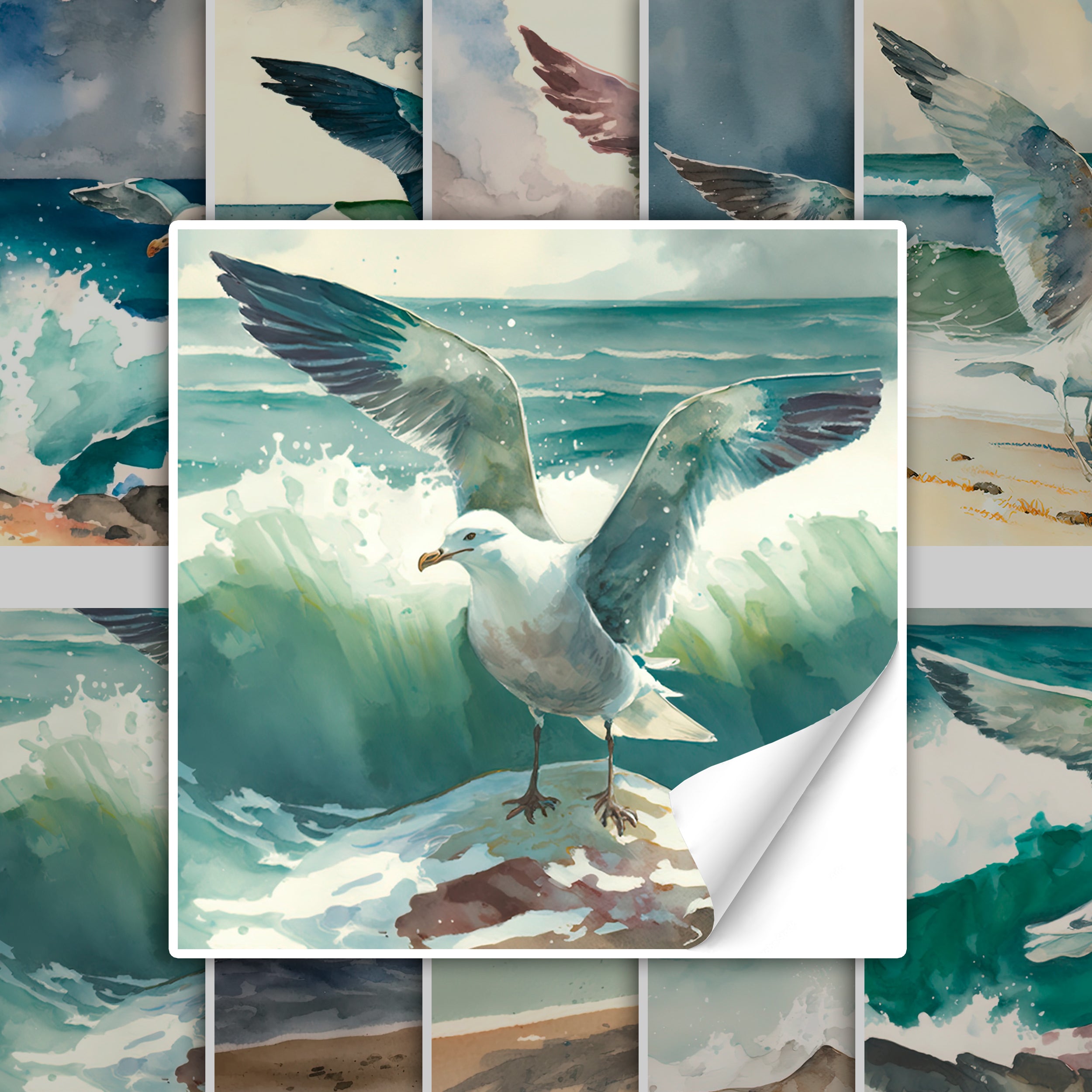 Möwe mit ausgebreiteten Flügeln vor Wellen, aquarellartig.