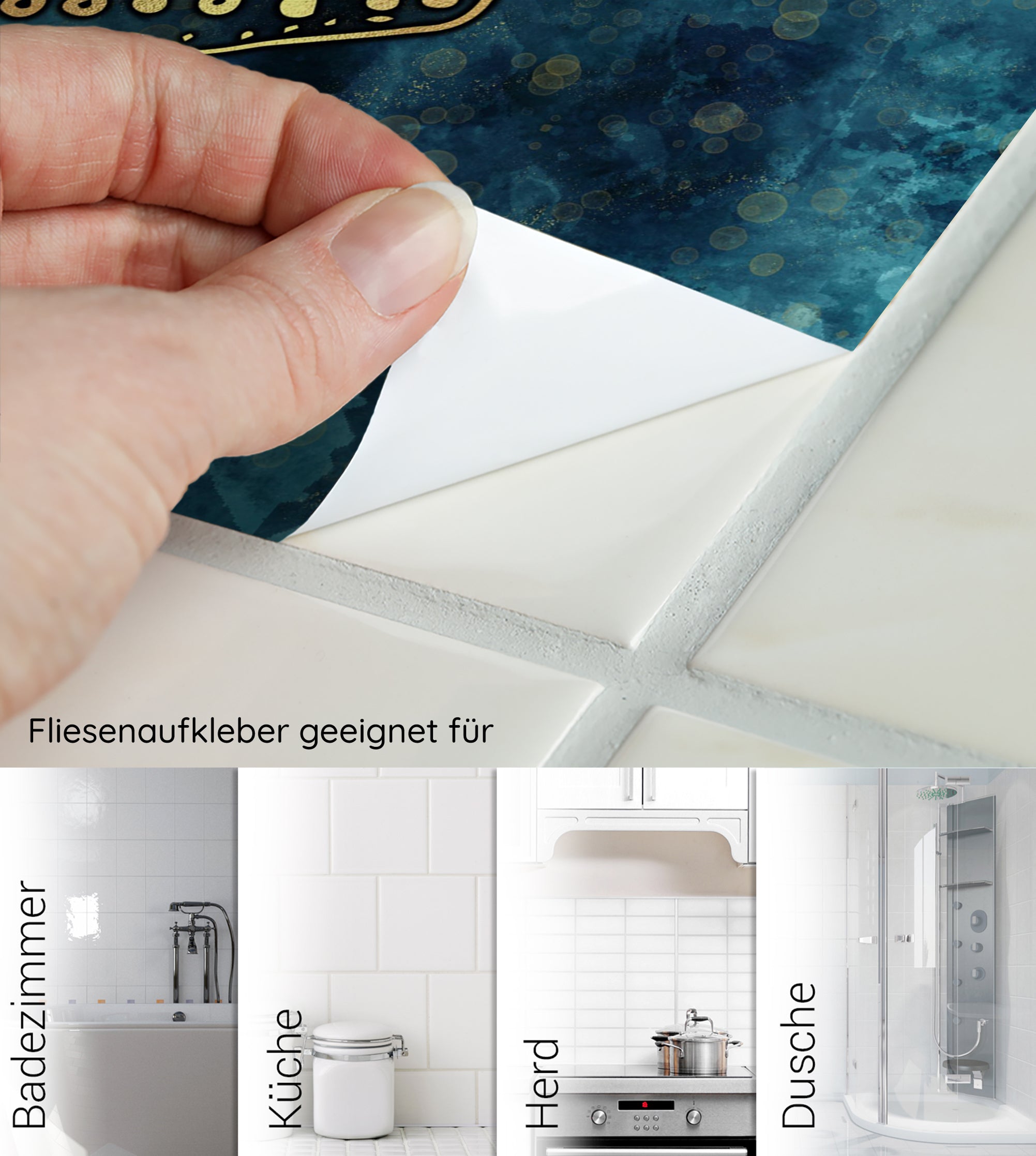 Fliesenaufkleber in Blau für Badezimmer, Küche und Dusche.