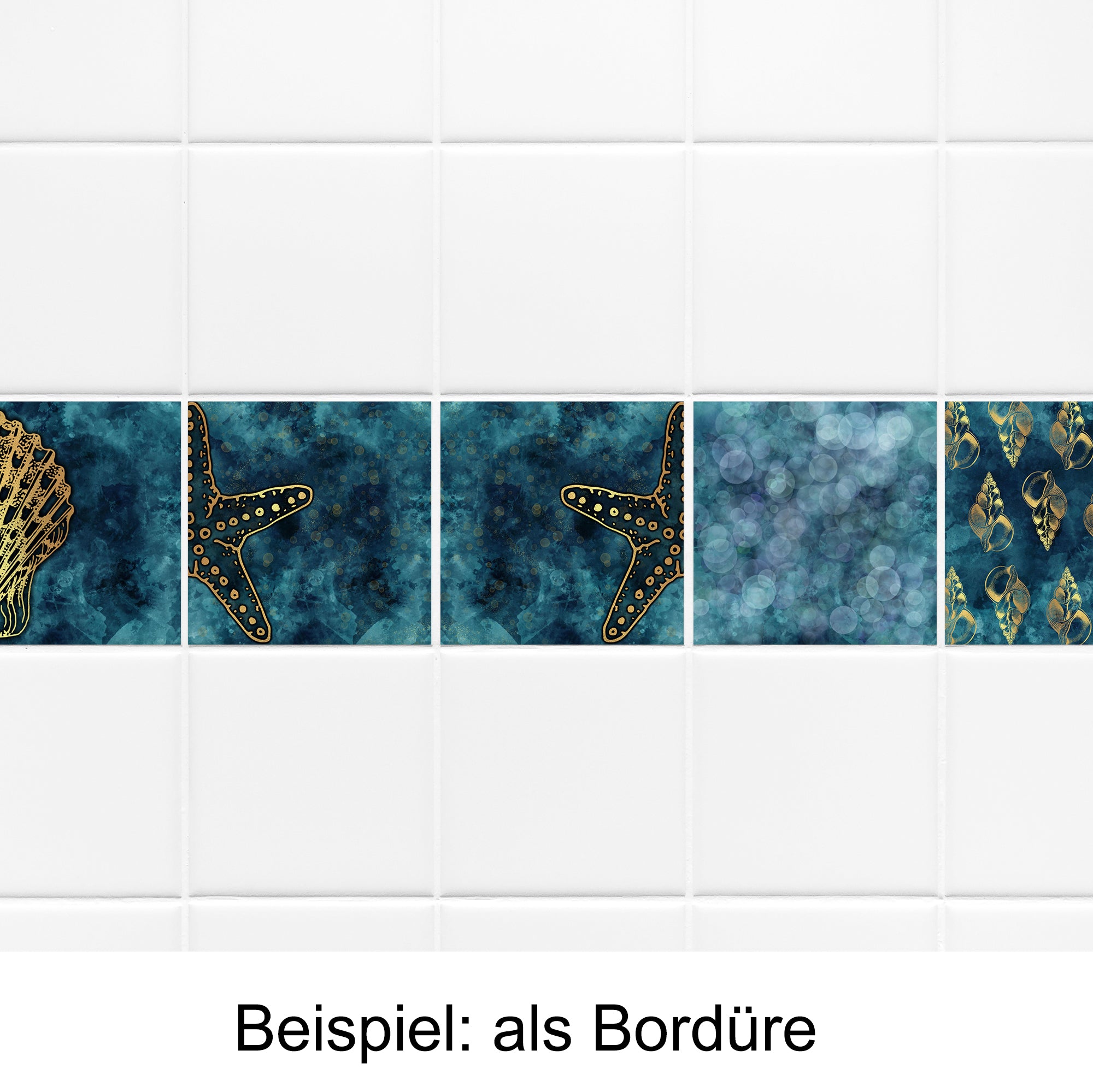 Bunte Fliesenbordüre mit Muschel und Seesternen.