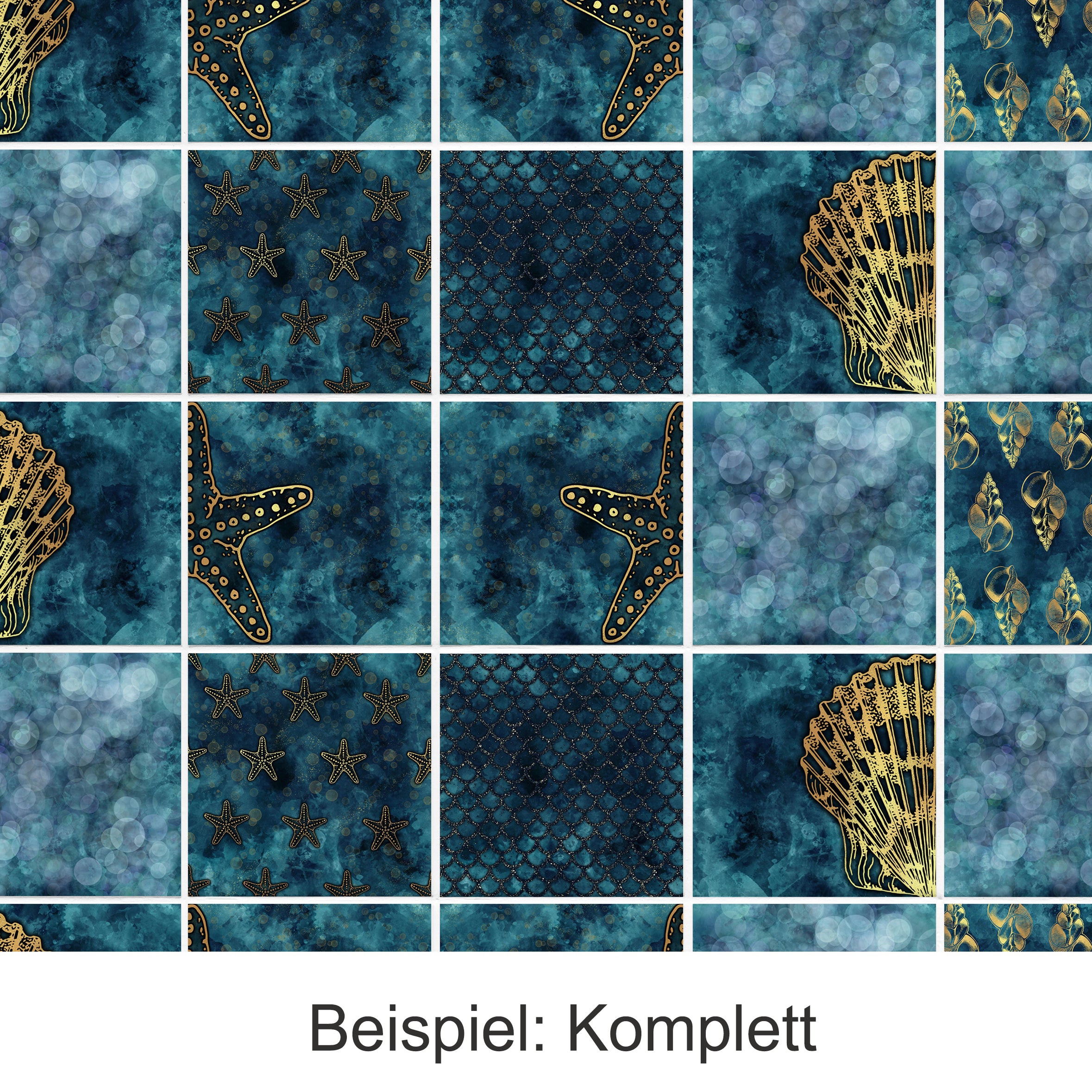 Muster mit maritimen Motiven in Blau und Gold.