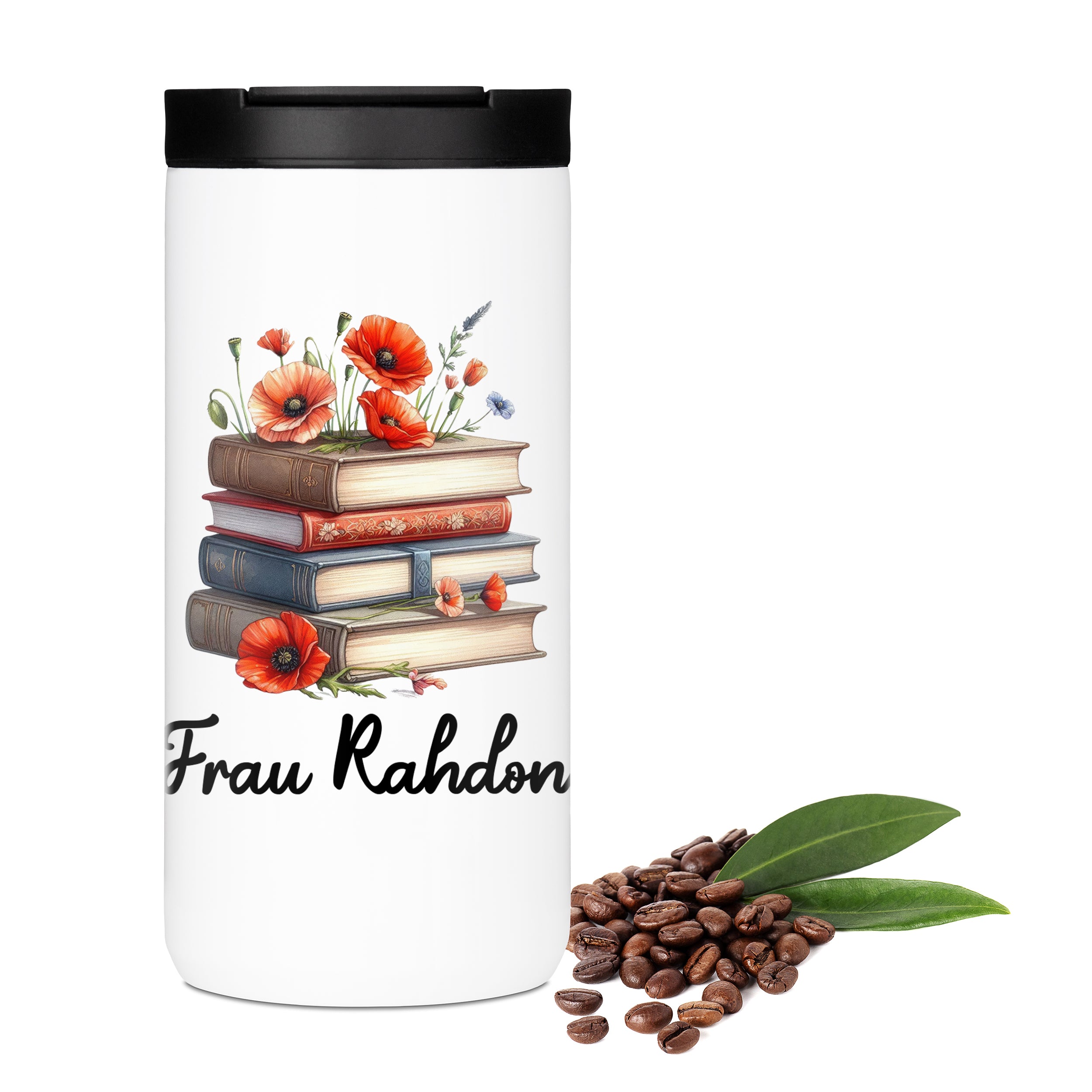Kaffeebecher mit Blumen und Büchern