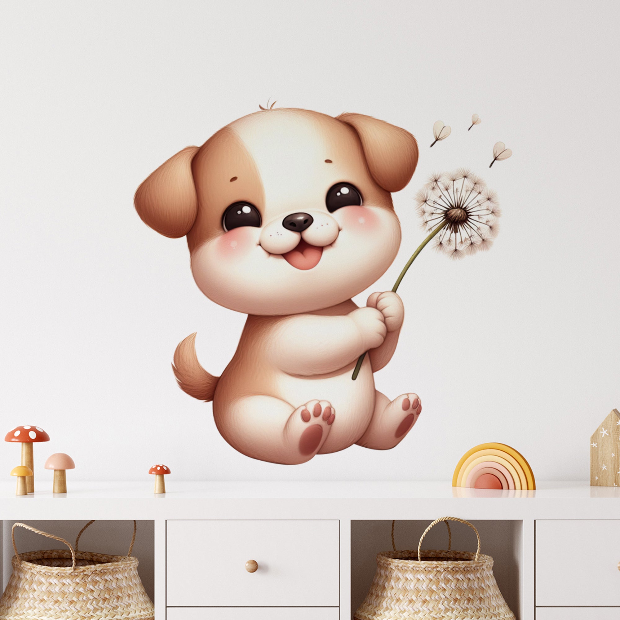 Niedlicher brauner Hund mit Pusteblume, fröhlich lächelnd.