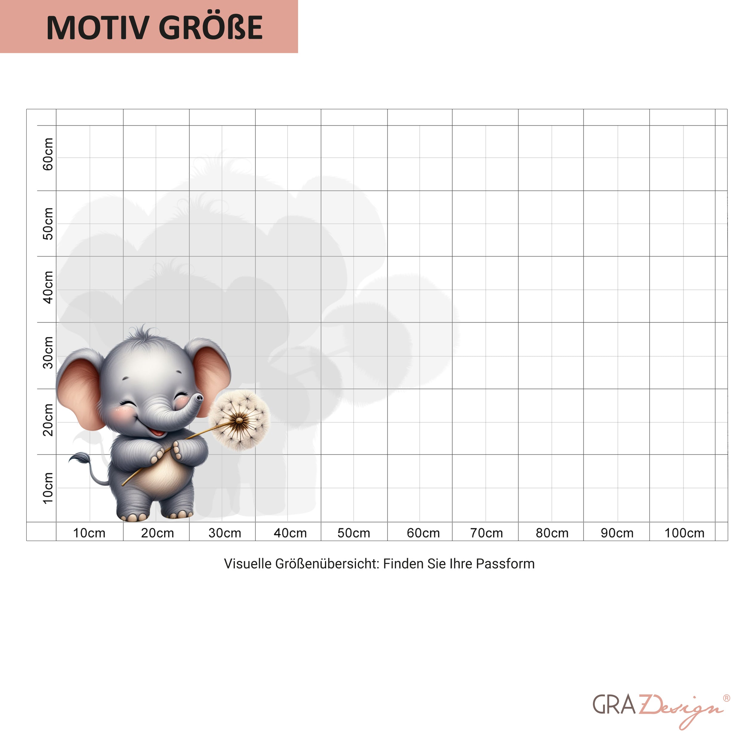 Süßer grauer Elefant mit Pusteblume, Größenübersicht.