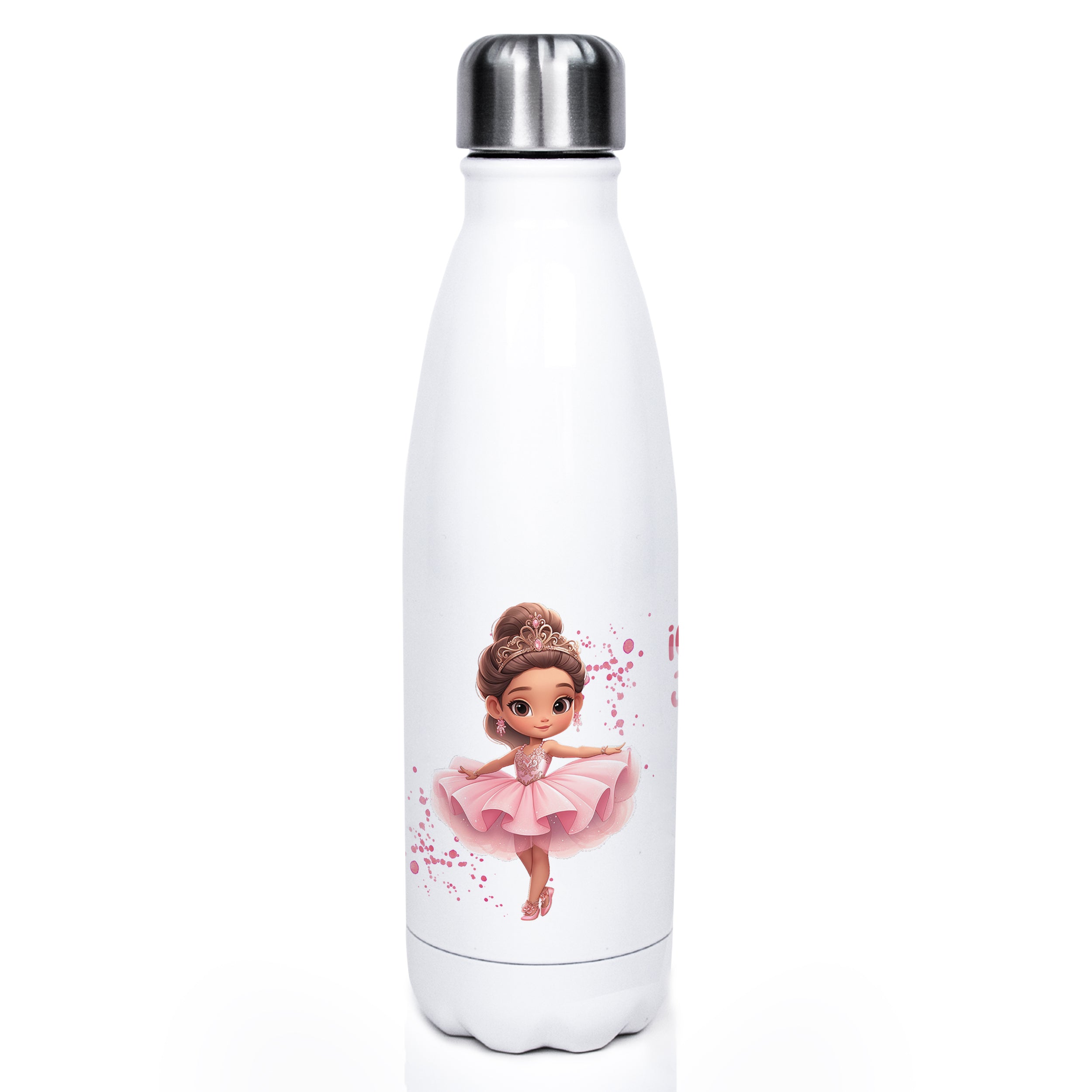 Weiße Trinkflasche mit Ballerina-Motiv in Rosa.
