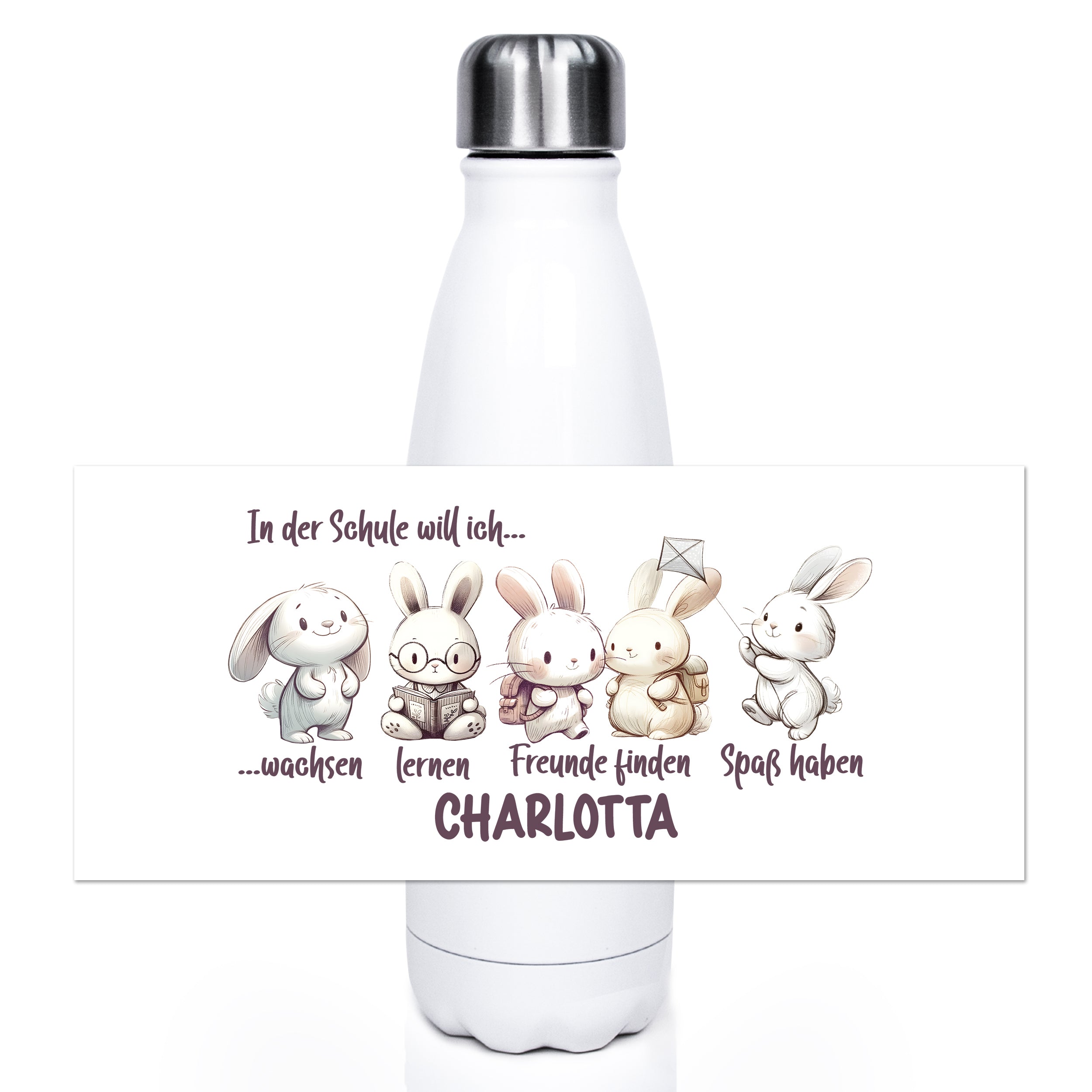 Weiße Trinkflasche mit niedlichen Hasenmotiven und Text.