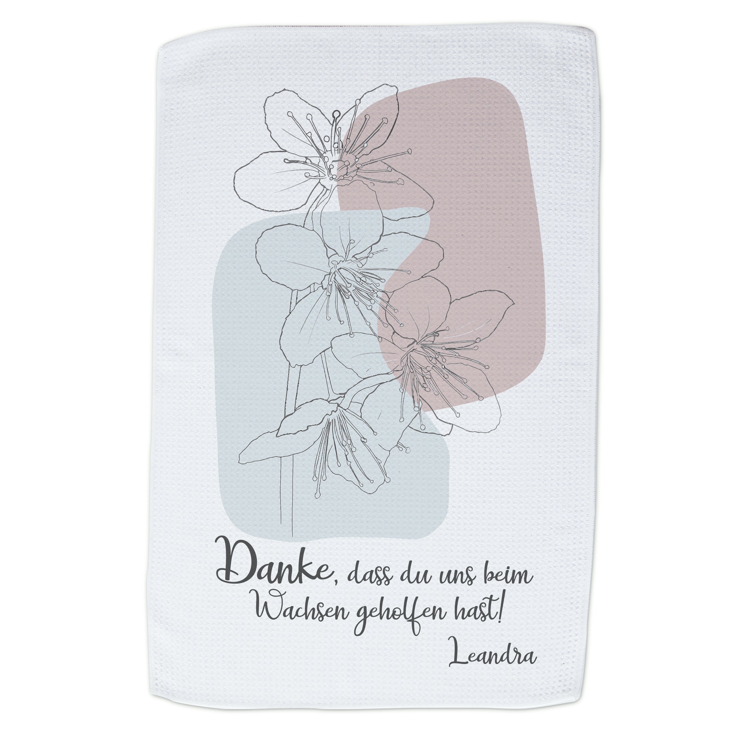 Handtuch mit Blumenmotiv, weiß, Dankesbotschaft in Schwarz.