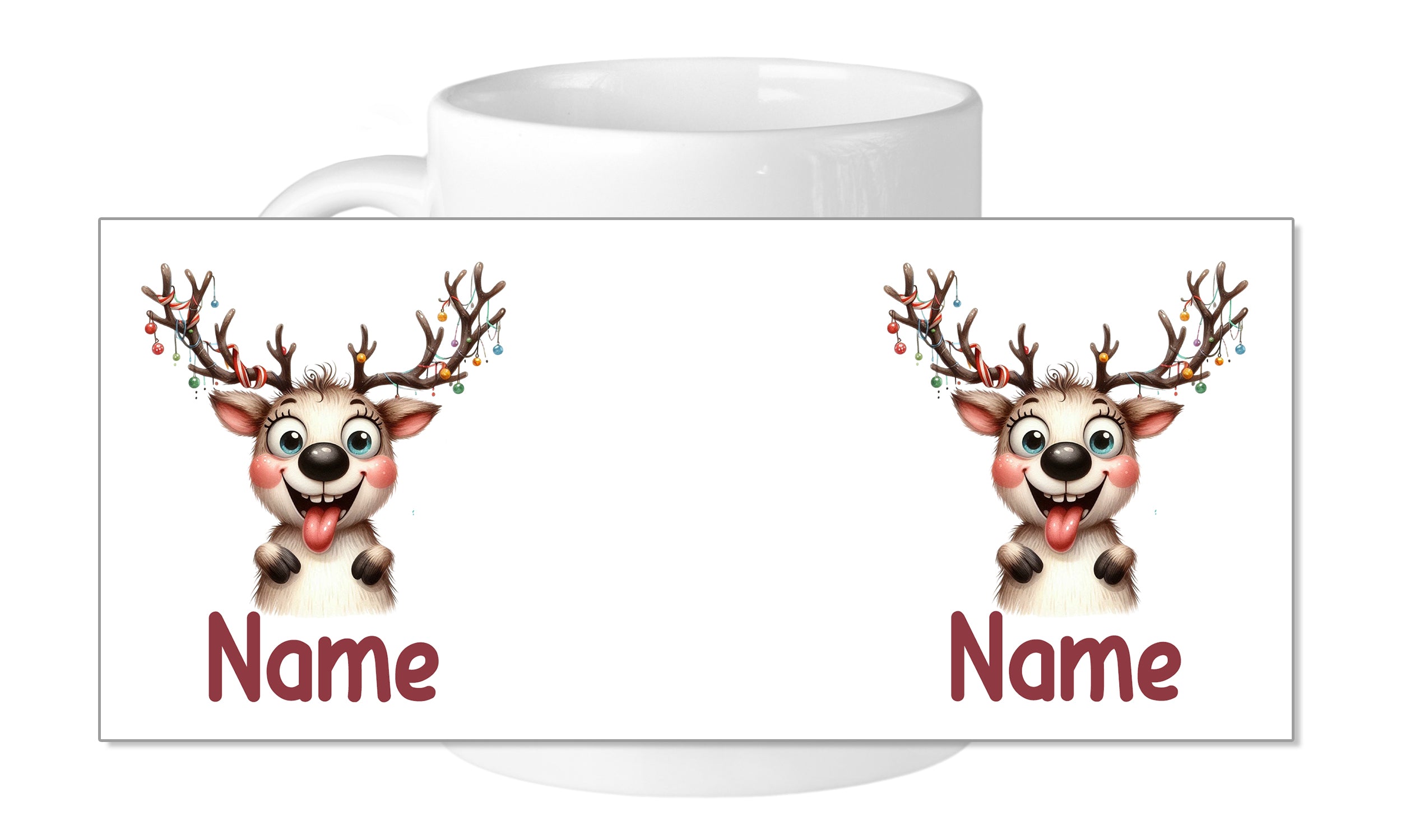 Tasse mit lustigem Rentier-Design und Namen.