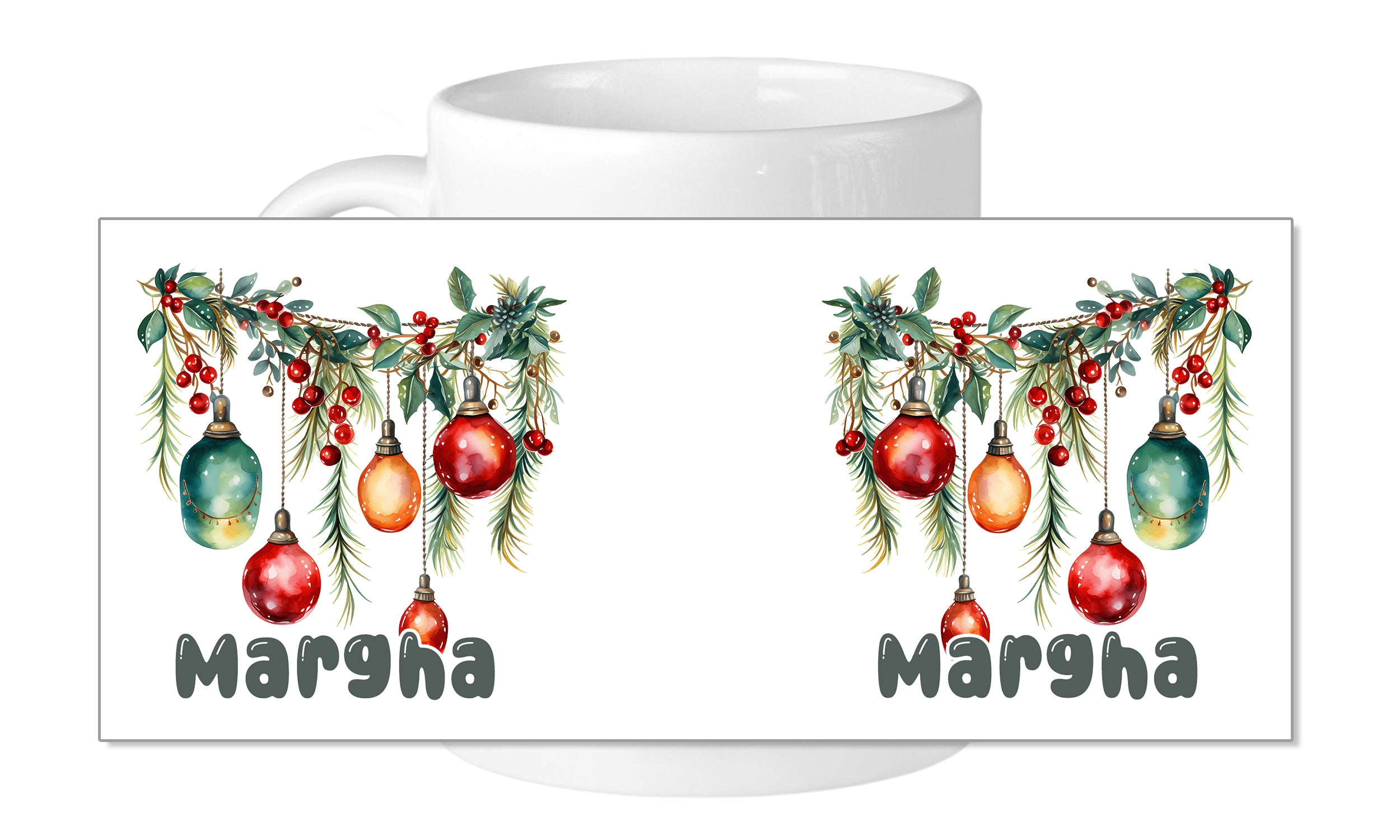 Weißer Becher mit Weihnachtsornamenten und grünen Zweigen.