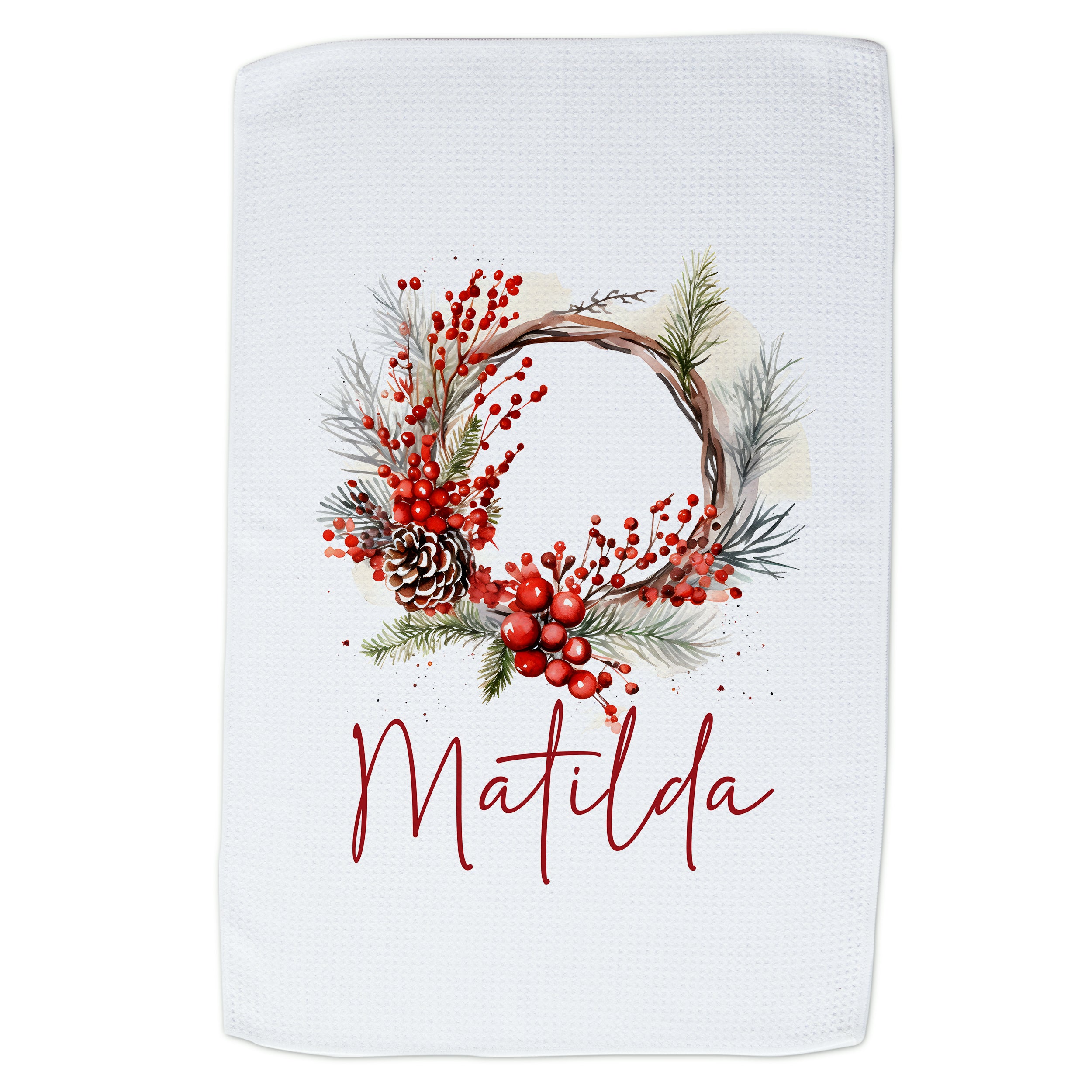 Weißes Handtuch mit rotem Weihnachtskranz und Name Matilda.