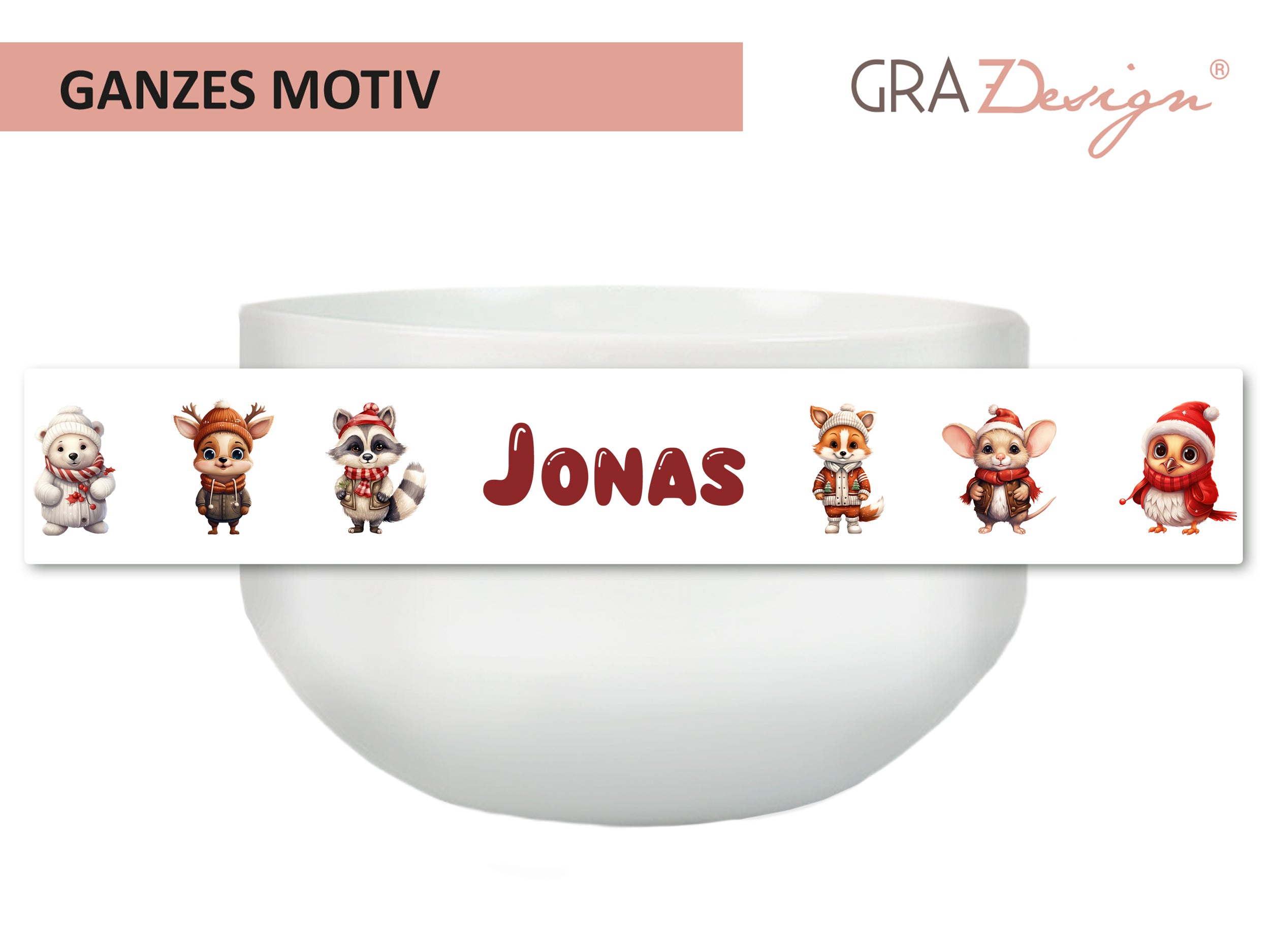 Weiße Schüssel mit buntem Tiermotiv und dem Namen "Jonas".